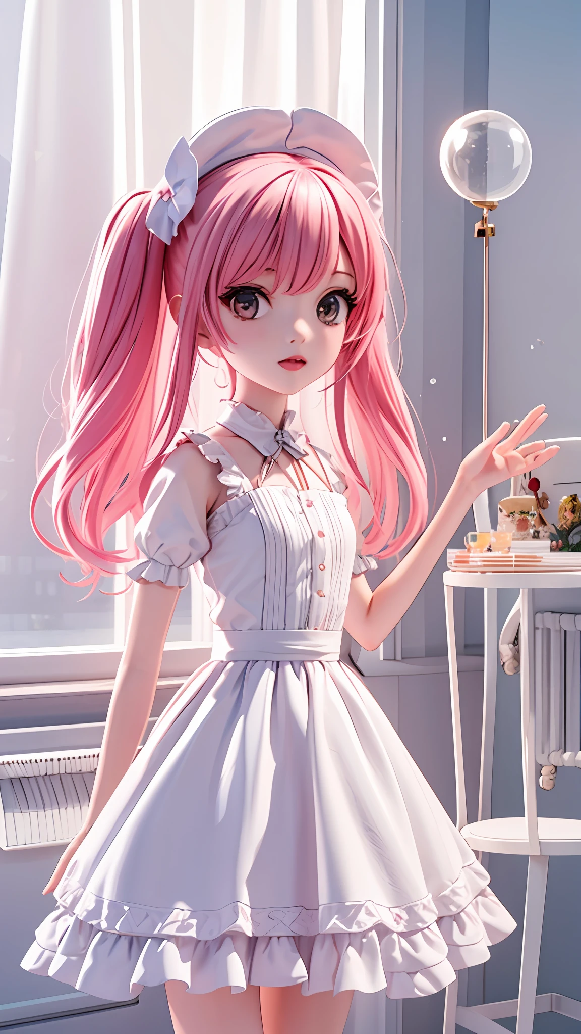 (((chibi 3d)))1girl in, Pink hair,18 years old,White Dress,Perfect female body, neat figure, Slender waist, Black silk,
Full body, Looking at Viewer, (Cowboy Shot:1.2),pokerface,
Sunlight,Indoors,Bubbles,
(Best Quality), (ultra-detailliert), (masutepiece), (hight resolution), (Original), (the Extremely Detailed CG Unity 8K Wallpapers),Detailed Manga Illustration,