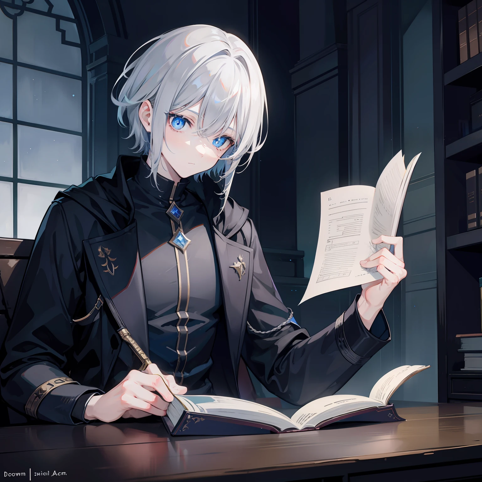 {[{{"Magnificent dark atmosphere, Being in a magical world, 4k artwork of man with gray hair and glowing blue eyes, short-haired, Read the spellbook, Studying diligently.Intellectual impression"}]}}