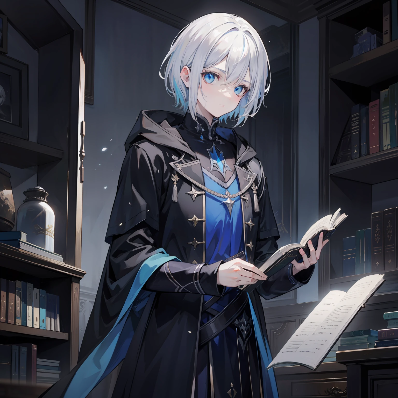 {[{{"Magnificent dark atmosphere, Being in a magical world, 4k artwork of man with gray hair and glowing blue eyes, short-haired, Read the spellbook, Studying diligently.Intellectual impression"}]}}