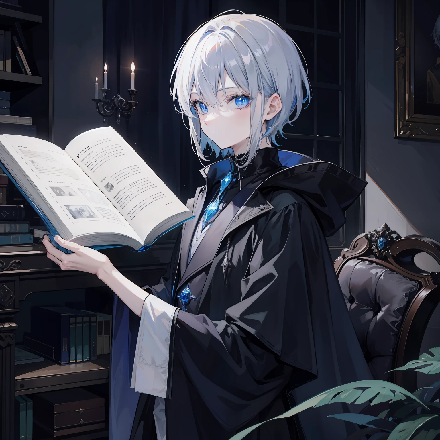 {[{{"Magnificent dark atmosphere, Being in a magical world, 4k artwork of man with gray hair and glowing blue eyes, short-haired, Read the spellbook, Studying diligently.Intellectual impression"}]}}