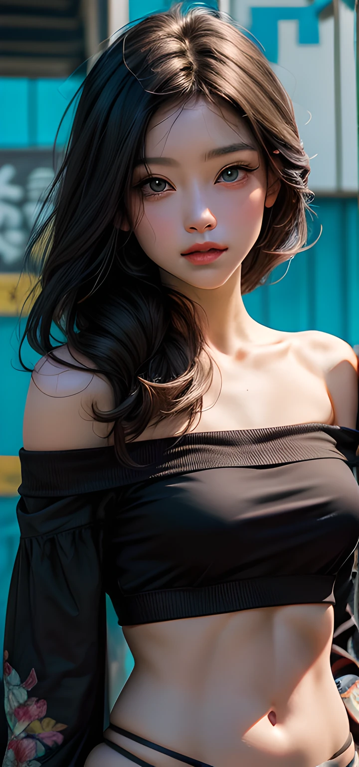 tmasterpiece, beste-Qualit, 1 girl, Aqua-colored eyes, black  hair, closed mouth, multicolored background, looks at the viewer, exteriors, 独奏, upper-body, winning, clean, beatiful face, Face Clean, pale skin, sexypose,(( topic , off-shoulder, bellybutton, briefs)), hairlong, ((perfect female figure)) Jisoo, seductive, Very detailed, beste-Qualit, tmasterpiece, hight resolution, Original, extremely detailed 8K wallpaper ,tmasterpiece,beste-Qualit,illustartion,beautifully detailed eyes,电影灯光,