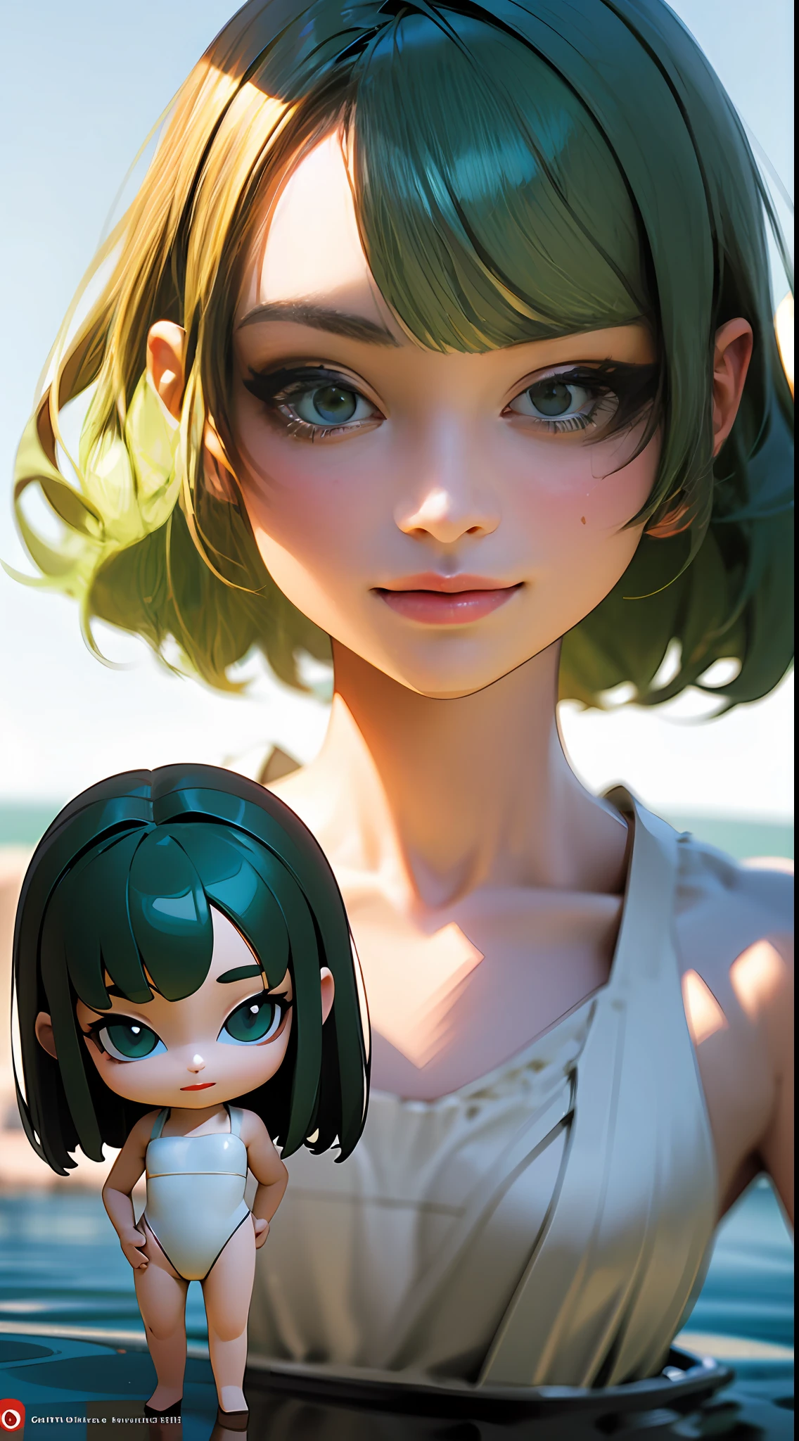 (((Chibi 3D)))masutepiece, The highest image quality, High quality, swim wears, Waterfall scene, Beautiful Girl Full Body Frame, Perfect body, Whole body composition all parts are beautifully completed. Japan, 20 years old, popular south korean makeup, detail, Swollen eyes, Detailed eyes, Detailed skin, Beautiful skin, Ultra high definition, (Realistic), Very beautiful, Slightly younger face, Beautiful skin, slim, (Surreal), (Illustration), (High resolution), (8K), (Highly detailed) (Best Illustration), (Detailed eyes), Fine detailed face, (Background View), (super detailed), Fine Beauty, pureerosfaceace_v1 , Smiling, looking straight, Looking straight ahead, Bottom View, photos realistic, Bright lighting, Professional Lighting, Dark hair (several pieces of green hair), Long hair, Dark ruins, Big Red Moon, Gorgeous red and black dress, Mature Woman, Stylish Long Bang, --auto