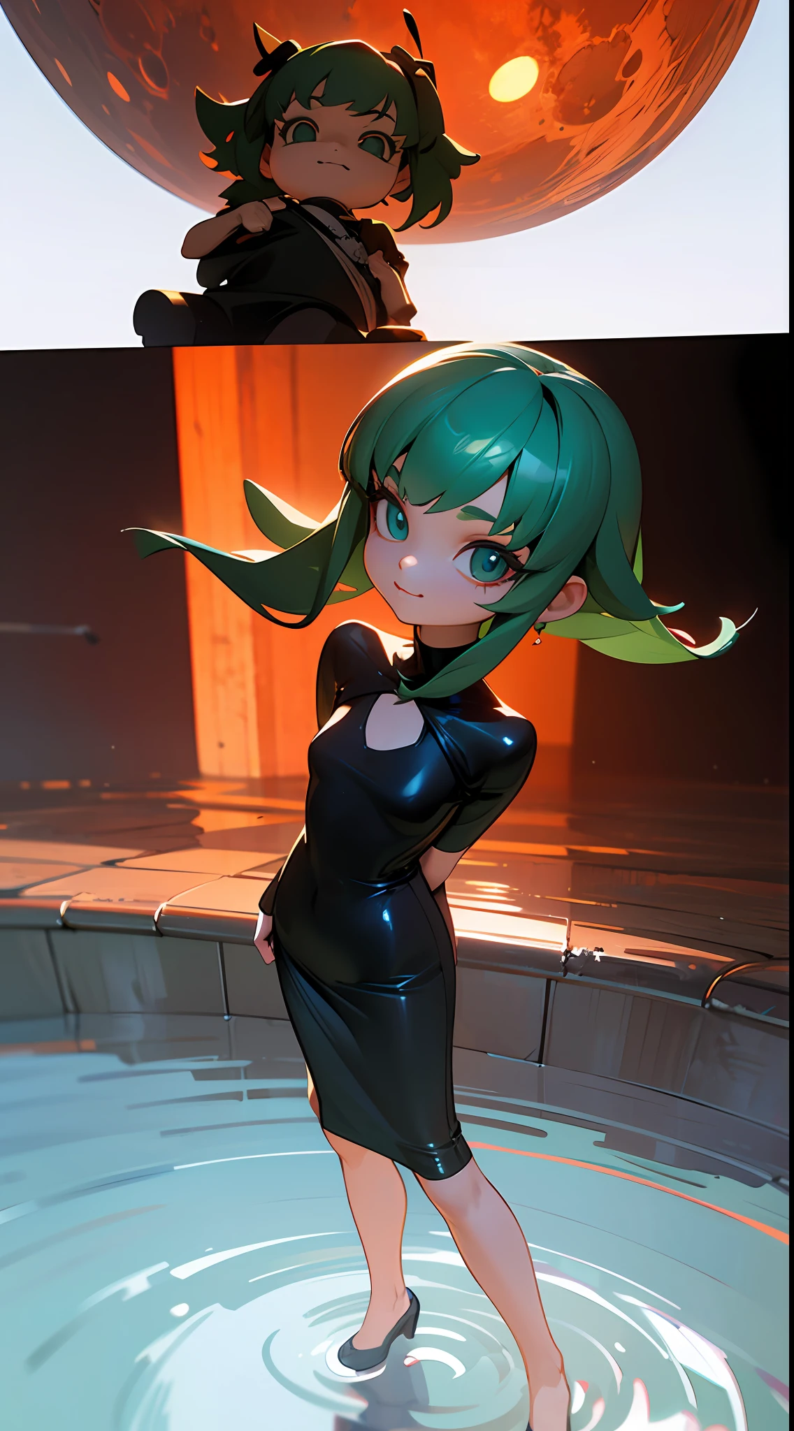 (((Chibi 3D)))masutepiece, The highest image quality, High quality, swim wears, Waterfall scene, Beautiful Girl Full Body Frame, Perfect body, Whole body composition all parts are beautifully completed. Japan, 20 years old, popular south korean makeup, detail, Swollen eyes, Detailed eyes, Detailed skin, Beautiful skin, Ultra high definition, (Realistic), Very beautiful, Slightly younger face, Beautiful skin, slim, (Surreal), (Illustration), (High resolution), (8K), (Highly detailed) (Best Illustration), (Detailed eyes), Fine detailed face, (Background View), (super detailed), Fine Beauty, pureerosfaceace_v1 , Smiling, looking straight, Looking straight ahead, Bottom View, photos realistic, Bright lighting, Professional Lighting, Dark hair (several pieces of green hair), Long hair, Dark ruins, Big Red Moon, Gorgeous red and black dress, Mature Woman, Stylish Long Bang, --auto