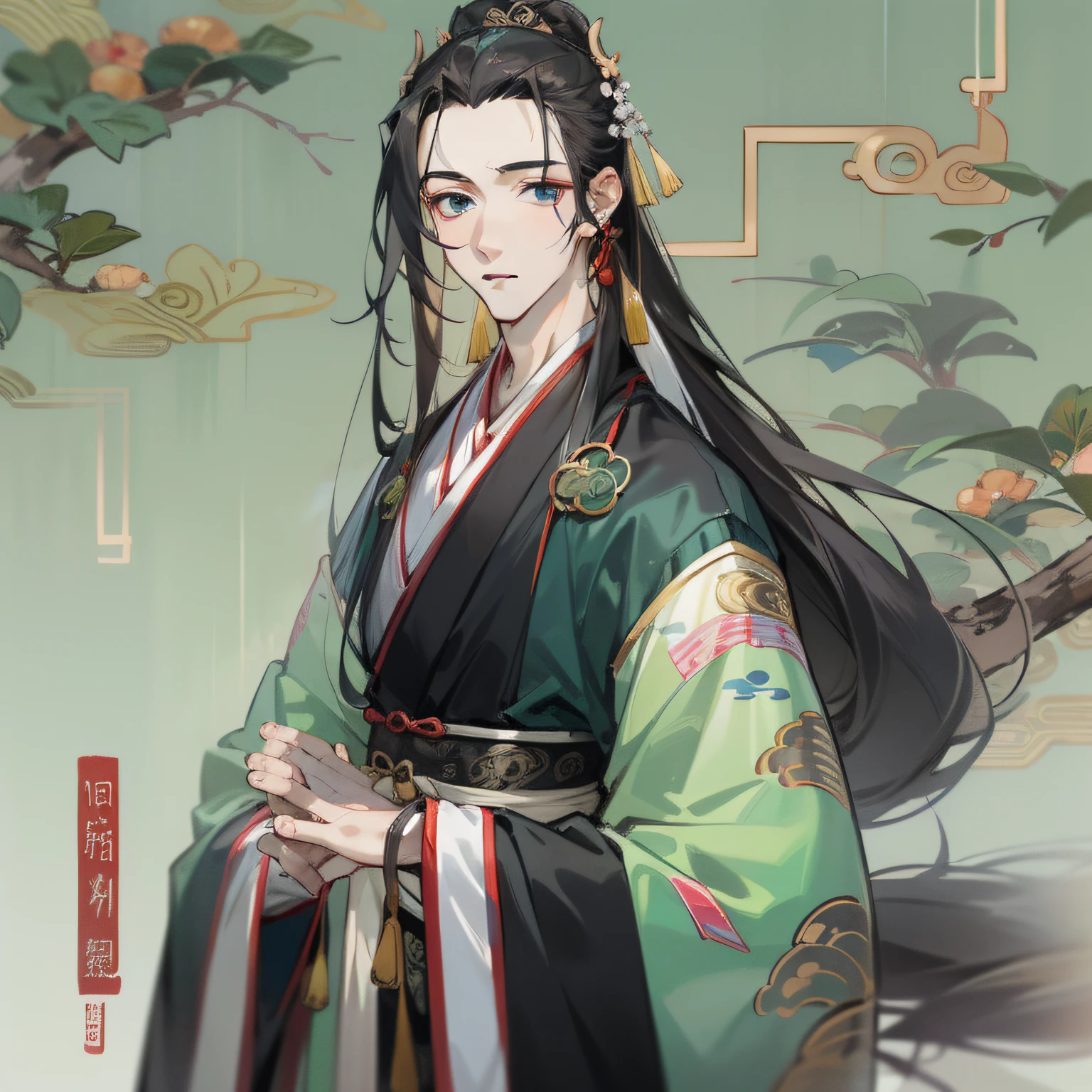 16k,hyper HD,Two-dimensional style,Classical Chinese men,Long black hair,Big eyes dark and bright,Wearing beautiful Hanfu,Face forward,Wear gorgeous blonde hair ornaments on your head,Height 195cm,Handsome and compelling。