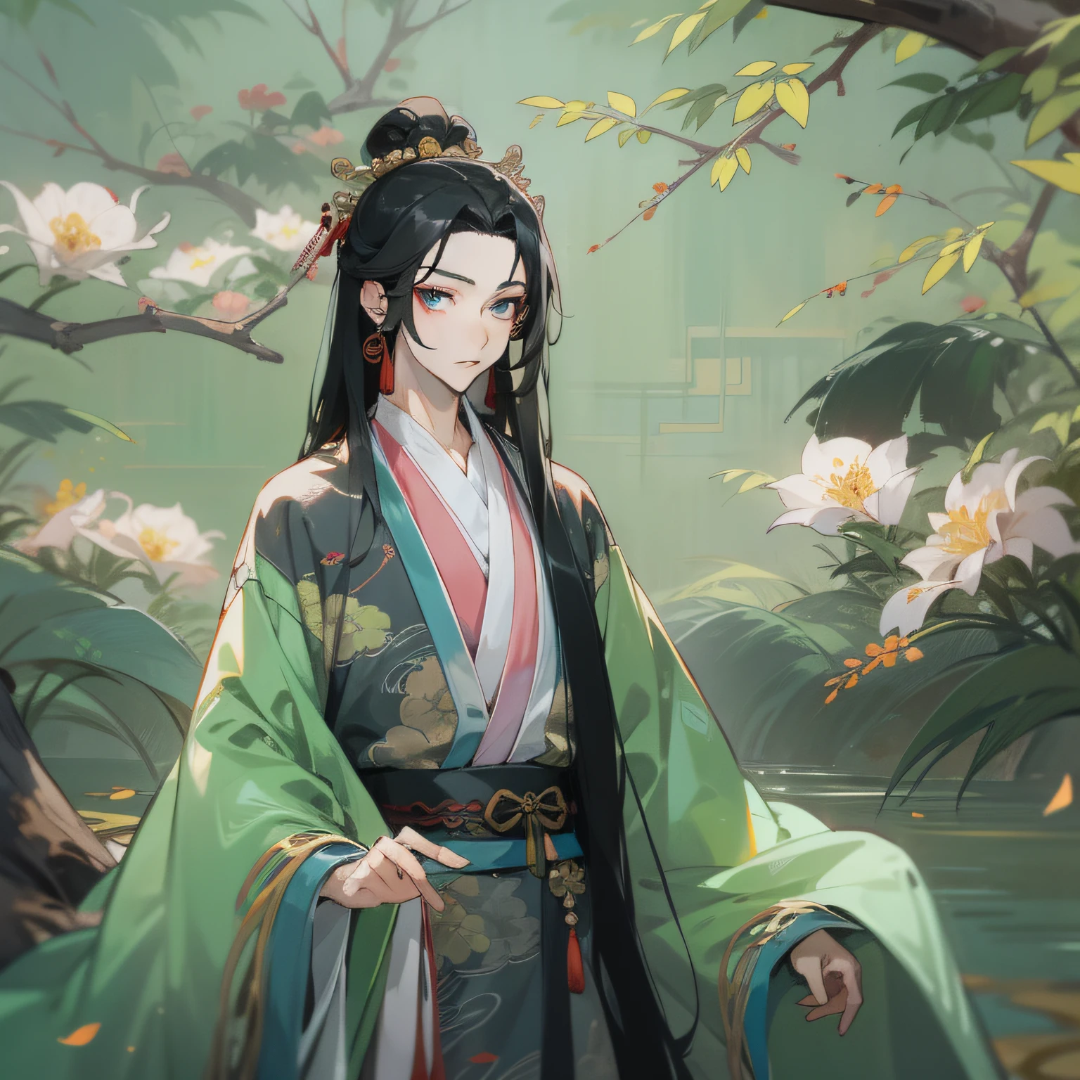 16k,hyper HD,Two-dimensional style,Classical Chinese men,Long black hair,Big eyes dark and bright,Wearing beautiful Hanfu,Face forward,Wear gorgeous blonde hair ornaments on your head,Height 195cm,Handsome and compelling。