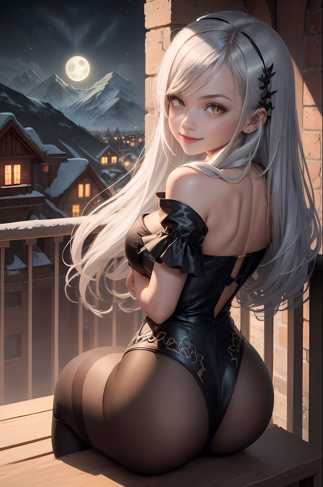 (best quality:1.3),(masterpiece:1.1),(illustration:1.2),(ultra-detailed:1.2),beautiful detailed yellow eyes,(medievil:1.2), transparency, small body, small breasts, bare skin,
(Extremely detailed background:1.1),(mountain), night, moon,castle on the distant mountain,
(all-fours),looking back, (raise butt:1.2),(close to the butt:1.3),smiling,
(1girl in Balcony:1.4),Balustrades on balcony,
(1girl:1.3),(solo:1.3),(silver hair),(long hair:1.1),full body,black stocking, No top