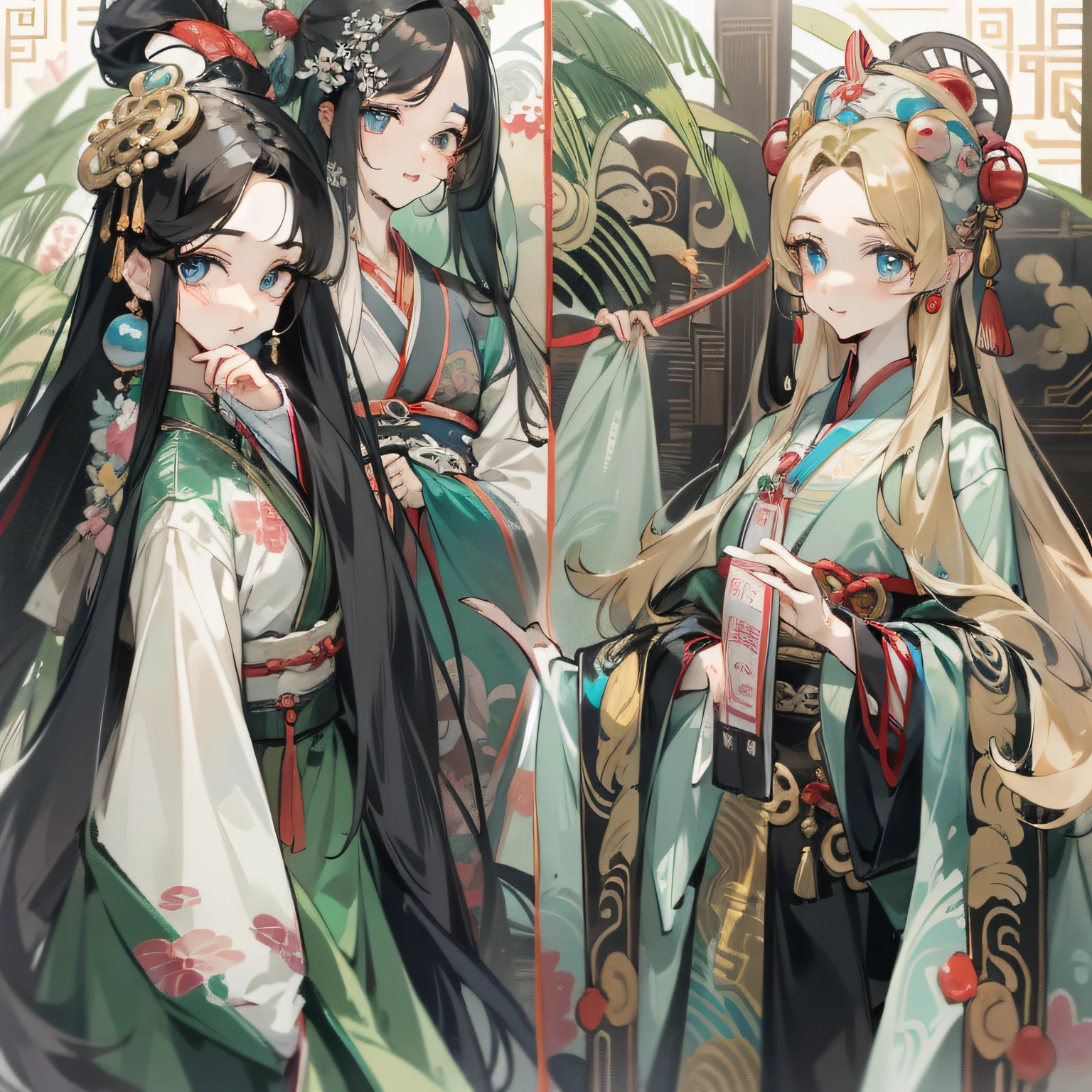 16k,hyper HD,Two-dimensional style,Classical Chinese men,Long black hair,Big eyes dark and bright,Wearing beautiful Hanfu,Face forward,Wear gorgeous blonde hair ornaments on your head,Height 195cm,Handsome and compelling。
