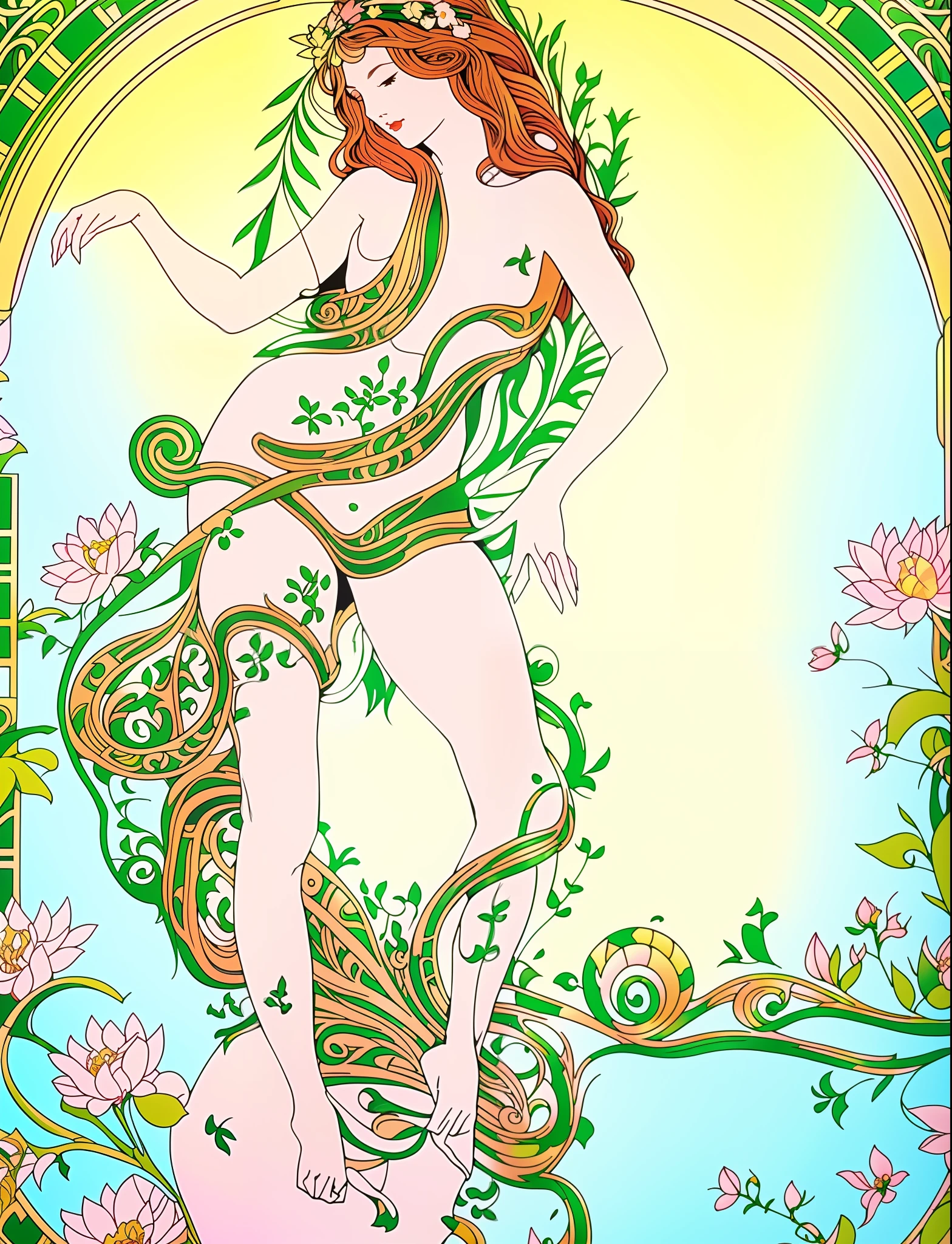 Close-up of a woman wearing a flower crown,Perfect body structure,There are green leaves and flower crowns on the hair, The beautiful body is wrapped in patterns,There are also green vines and flowers,The body has light and dark shadows,The background is colorful,Geometry constitutes a decorative pattern,romanticism lain,art nouveau illustration, venus goddess, mucha style 4k, Art Nouveau masterpiece, Fresh Art Nouveau, anime art nouveau, persephone in spring,