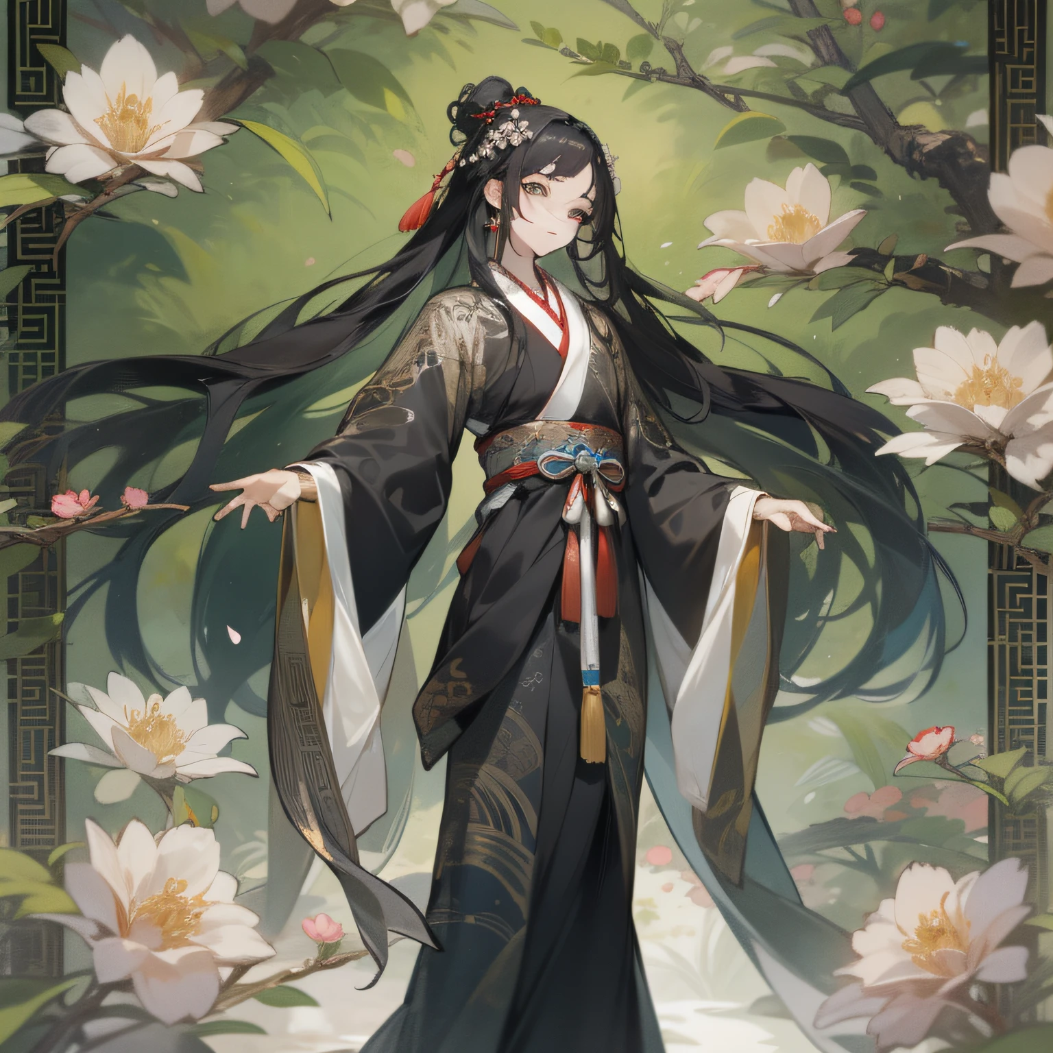 16k,hyper HD,Two-dimensional style,Classical Chinese men,Long black hair,Big eyes dark and bright,Wearing beautiful Hanfu,Face forward,Wear gorgeous blonde hair ornaments on your head,Height 195cm,Handsome and compelling。