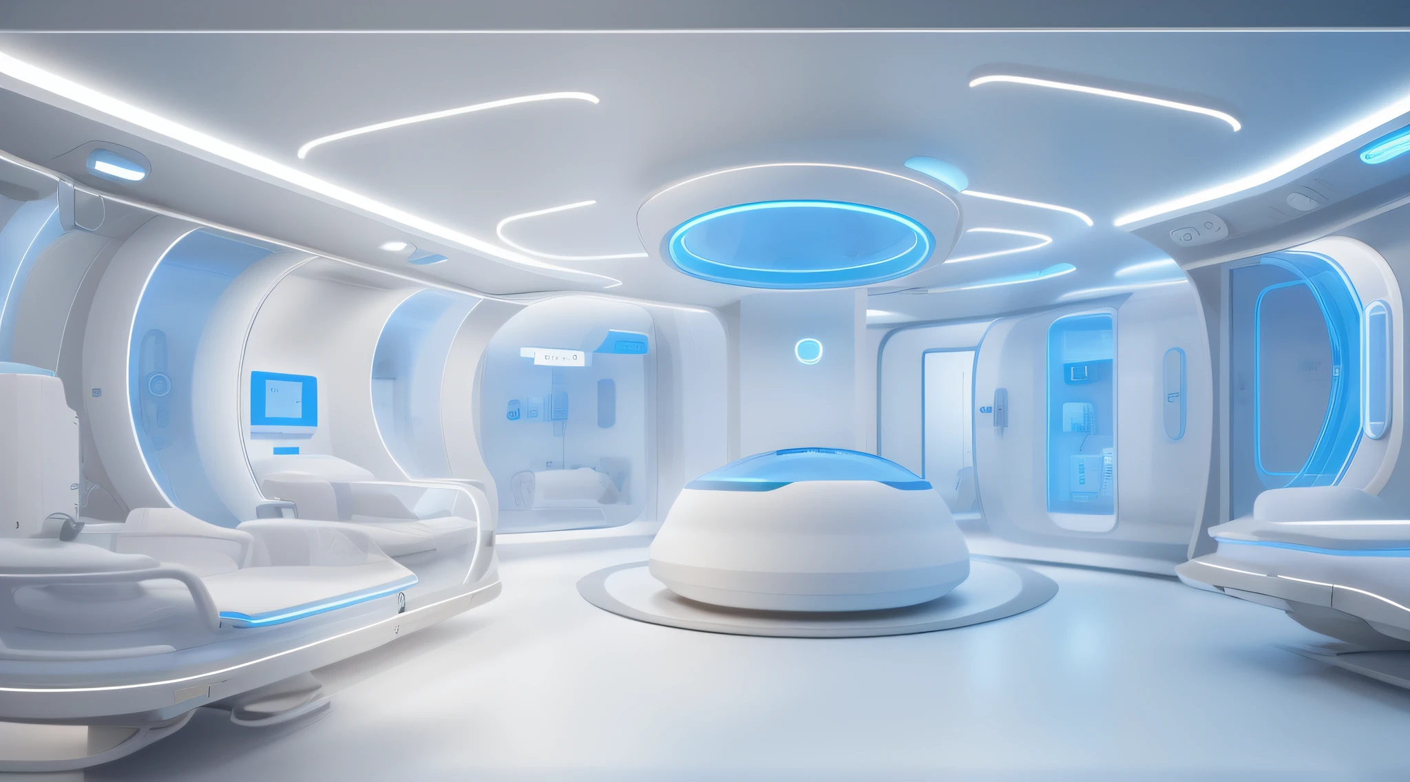 "Arquitetura de uma Medical UTI Neonatal futurista com amplas janelas de vidro, proporcionando uma vista deslumbrante para uma paisagem deslumbrante. Futuristic Medical installation with neonatal incubators and high medical technology with soft lighting with blue neon"