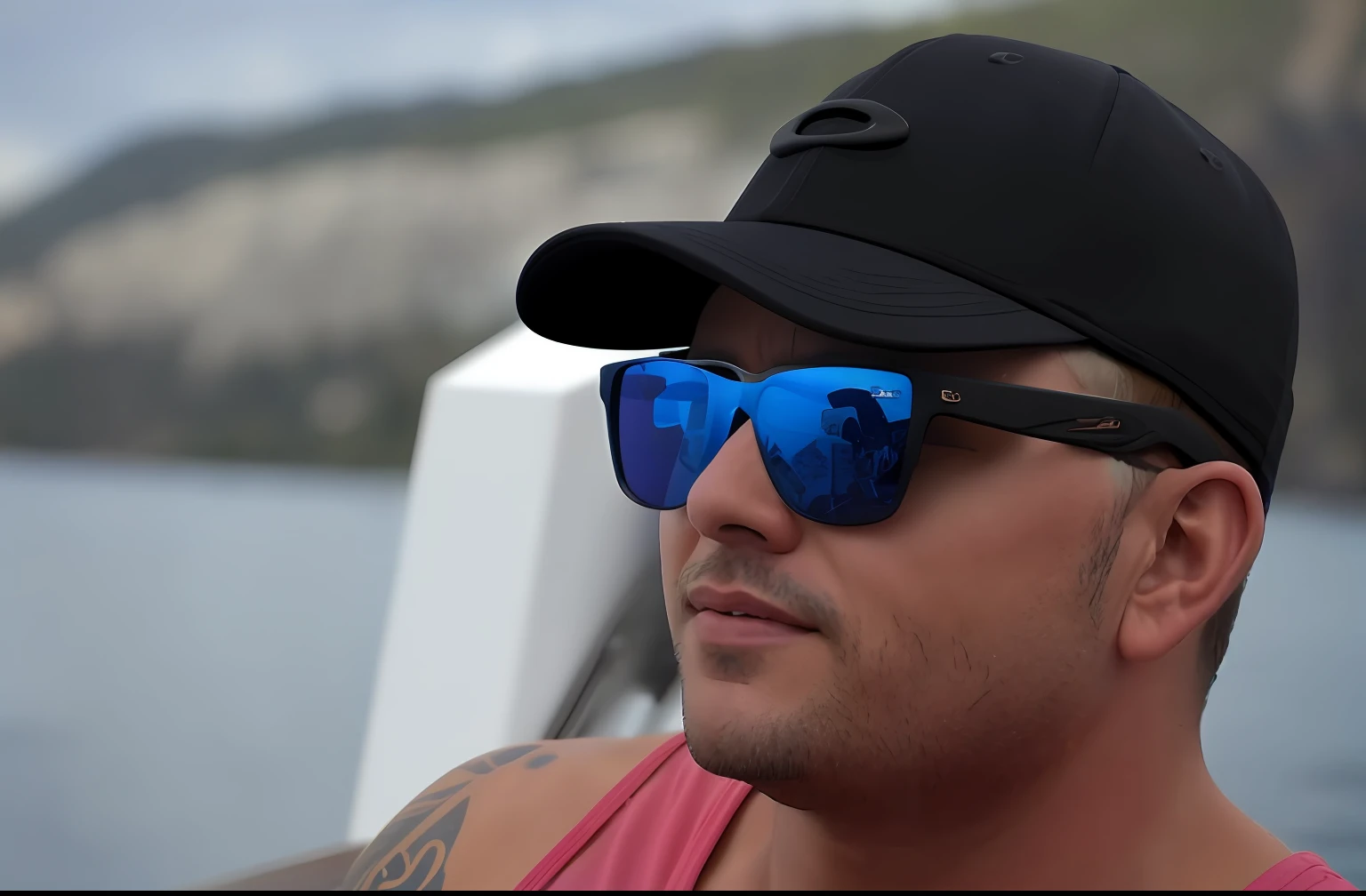 There is a man wearing sunglasses and a hat on a boat, wearing sunglasses and a cap, wearing oakley sunglasses, Viseira azul elegante para os olhos, wearing blue sunglasses, wearing sunglasses and a hat, wearing mirrored sunglasses, ao lado do oceano refletindo, Foto de perfil, with mirrorshades sunglasses, Viseira azul OLED elegante para os olhos, with sun glasses, implanted sunglasses