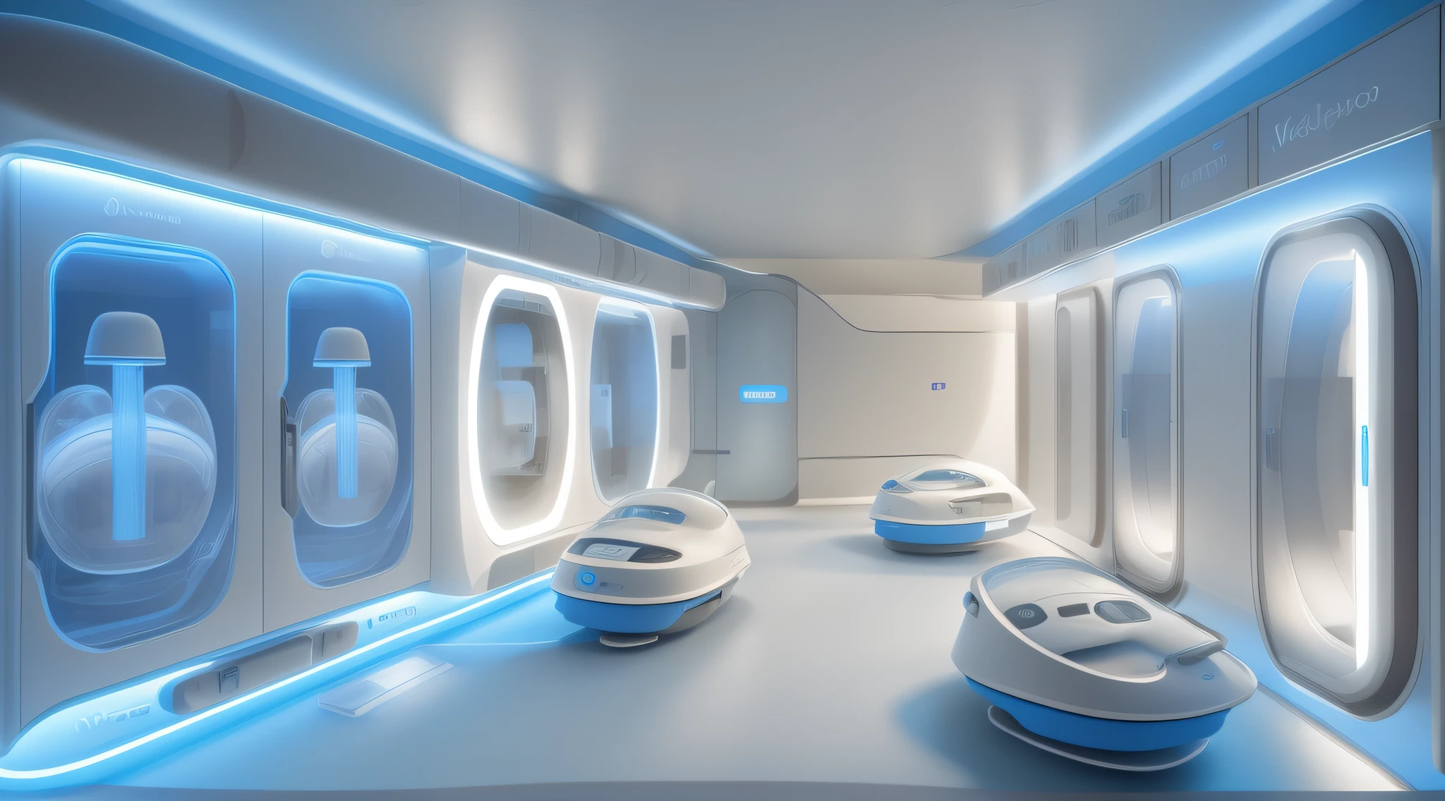 "Arquitetura de uma Medical UTI Neonatal futurista com amplas janelas de vidro, proporcionando uma vista deslumbrante para uma paisagem deslumbrante. Futuristic Medical installation with neonatal incubators and high medical technology with soft lighting with blue neon"