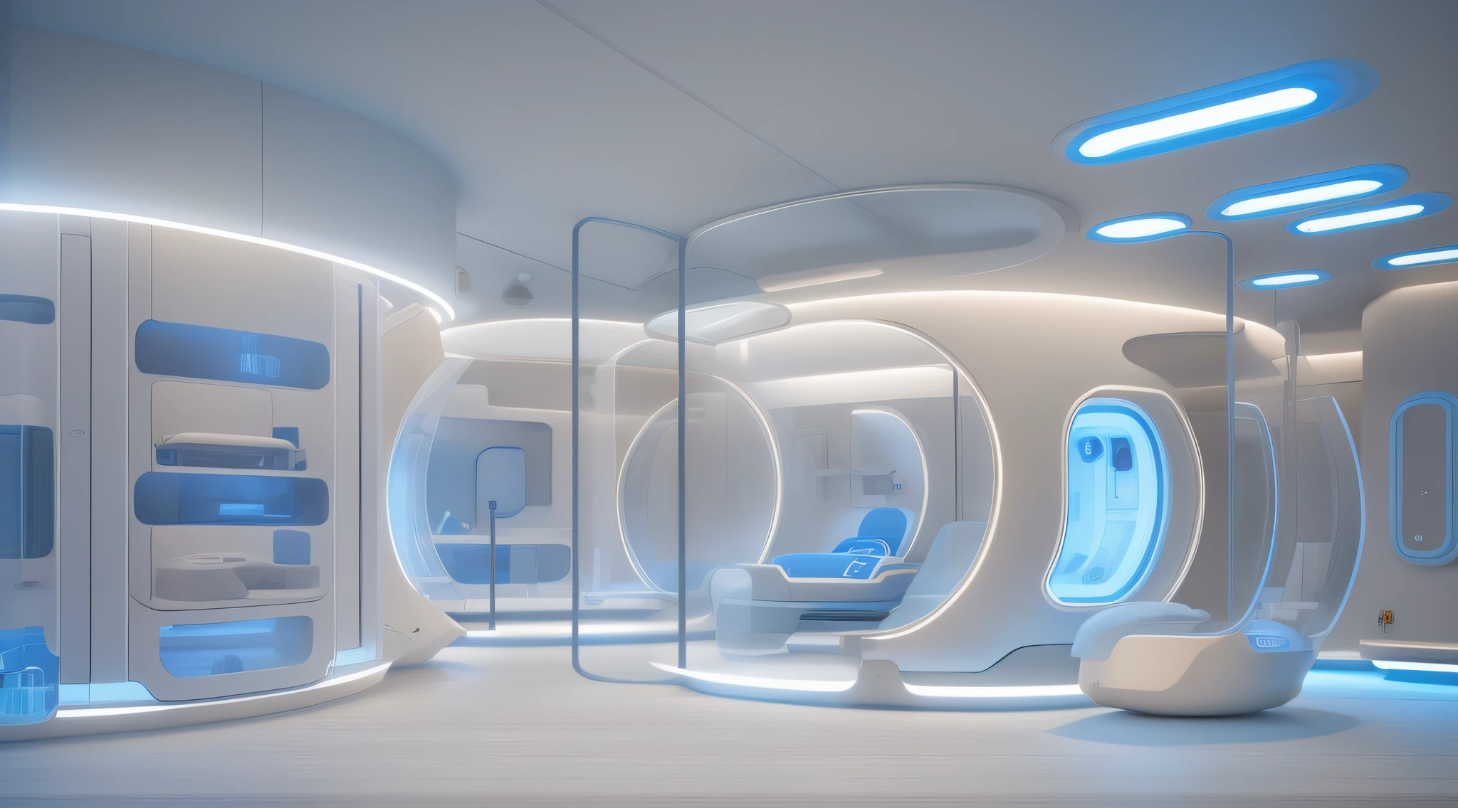 "Arquitetura de uma Medical UTI Neonatal futurista com amplas janelas de vidro, proporcionando uma vista deslumbrante para uma paisagem deslumbrante. Futuristic Medical installation with neonatal incubators and high medical technology with soft lighting with blue neon"