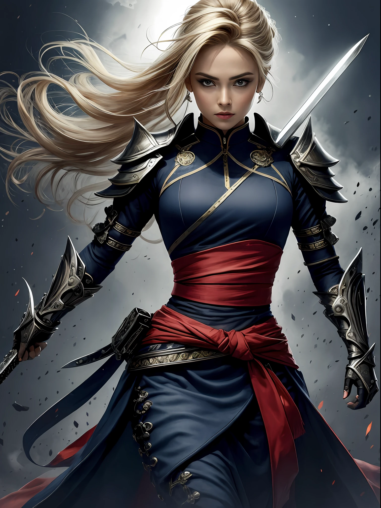 (8k, Foto RAW, melhor qualidade, obra-prima: 1.2), Ultra Detalhado, Arte Oficial, realista: 1.37, parte superior do corpo tiro, pele clara, tsunade, serious face, mulher, jovial, pele suave, brava,Corpo tonificado, Evil, guerreira de 50 anos, peitos enormes, milf, peito grande marcado na armadura, peitos da tsunade, cabelo loiro, cabelos loiros longos, cabelo cheio, cabelos loiros extremamente longos, ombros largos, busto farto, Hair up to the waist, up to the waist, ninja, Uniforme detalhado, armadura detalhada, na guerra, Muito fogo no set, lesma gigante no fundo, action pose. studio illumination