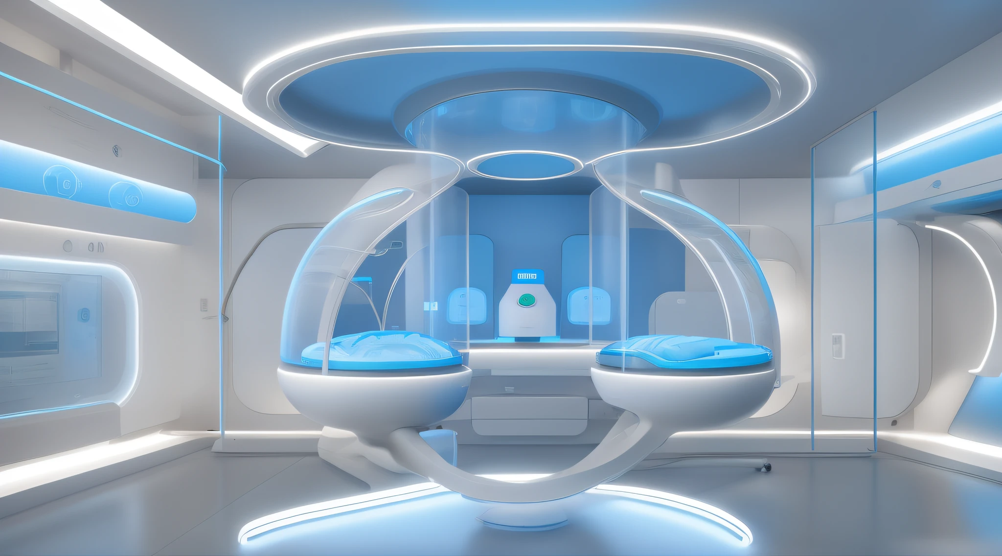 "Arquitetura de uma Medical UTI Neonatal futurista com amplas janelas de vidro, proporcionando uma vista deslumbrante para uma paisagem deslumbrante. Futuristic Medical installation with neonatal incubators and high medical technology with soft lighting with blue neon"