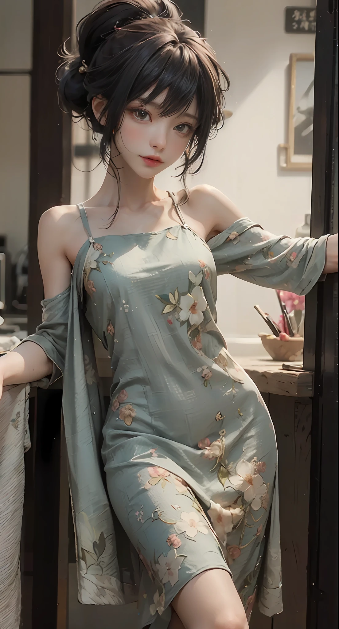 ((Best picture quality, 8K, tmasterpiece:1.3)), 1girll, Beautiful woman with slender abs:1.3, (Casual hairstyle:1.2),intricate detailed clothes , Fine fine skin，Messy hair，Ultra-fine face, A detailed eye, 二重まぶた，is shy，dynamicposes，ssmile，Hanfu，Slip dress，High detail official artwork，detailed anime art，portrait of a female anime hero，