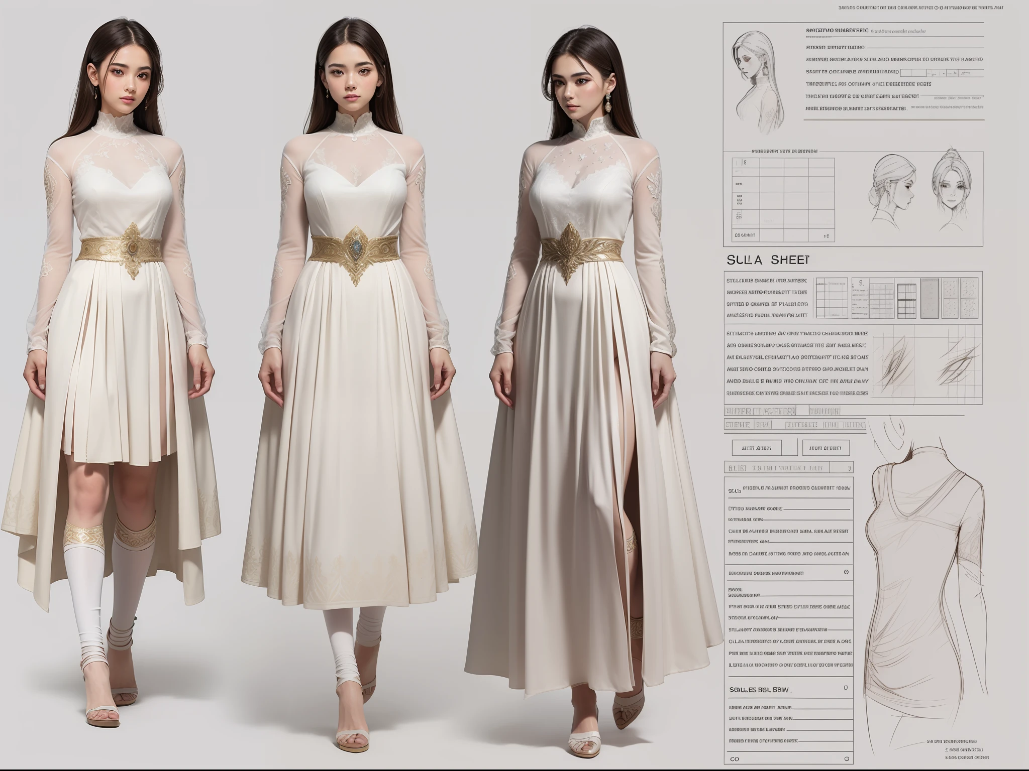 (masterpiece), ultra-detailed, 3 views, front view, side view , back view, different hairs design, sketch, ((A character sheet:1.4)) or reference sketch of a girl, with sultan royal dress, long hair, glowing skin, pure look, ultra-realistic and sharp detail and intricate, intricate details, and style, simple background illustration