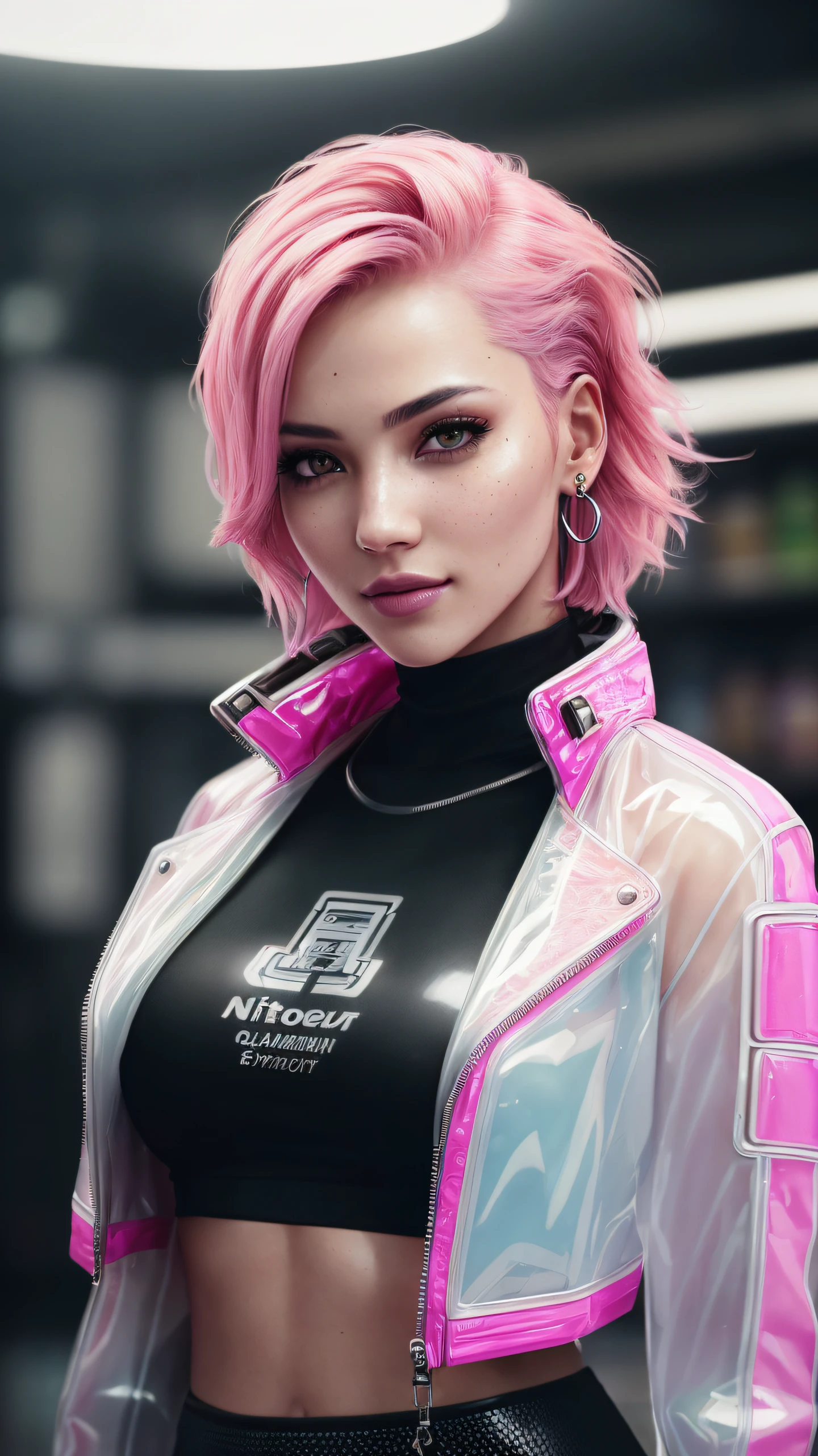 (RAW, analogue, Nikon Z 14mm ultra-wide angle lens, award-winning glamour photograph, ((best quality)), ((masterpiece)), ((realistic)), skin pores, subsurface scattering, radiant light rays, high-res, detailed facial features, high detail, sharp focus, smooth, aesthetic, extremely detailed, (extremely detailed eyes, extremely detailed iris), extremely detailed hair, extremely detailed skin, extremely detailed clothes, octane render, photorealistic, realistic, post-processing, max detail, realistic shadows, roughness, natural skin texture, real life, ultra-realistic, photorealism, photography, 8k UHD, photography, hdr, intricate, elegant, highly detailed, sharp focus, stunning, beautiful, gorgeous), realistic, masterpiece, highest quality, 1girl, short hair, (pink hair), (rim light), medium breast, ((cyberpunk clothes, futuristic, transparent PVC jacket, cyberpunk setting, cinematic, in a convenience store:1.1)), ((look at the viewer)), Intricate, High Detail, dramatic, realism, beautiful and detailed lighting, shadows, (high detailed skin:1.2), 8k uhd, dslr, soft lighting, high quality, film grain, Fujifilm XT3, upper body, backpack, grin, earring,