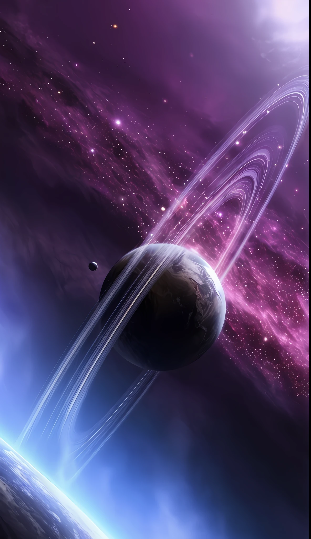 A close-up of a planet，There is a ring around it, planet with rings, ringed planet in the sky, violet planet, purplish space in background, beautiful space star planet, amazing wallpapers, Beautiful wallpaper, space backround, epic beautiful space scifi, cosmic purple space!, galaxy space sci - fi, orbital rings, large planet in background, floating planets
