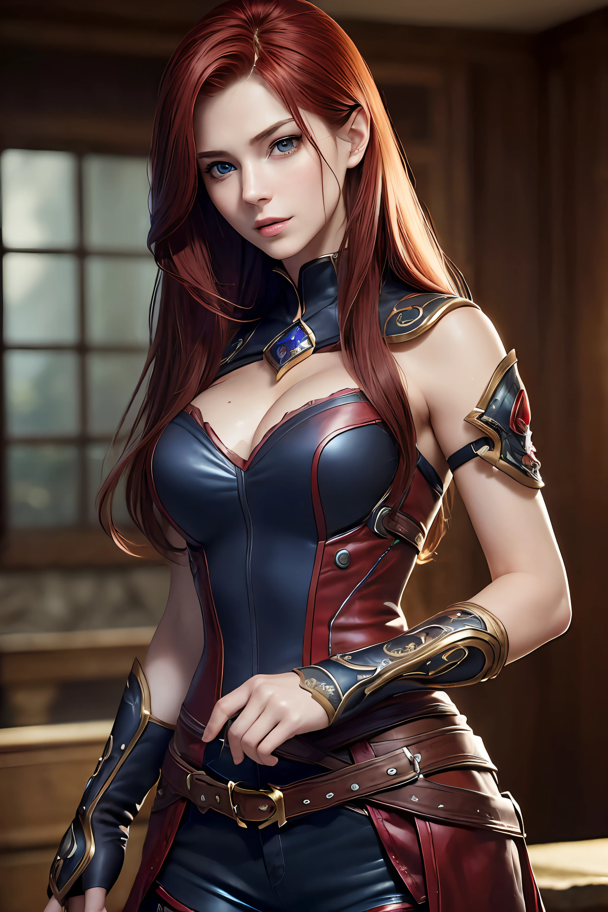high quality fingers, normal hands, detailed fingers,masterpiece, (realistic, photo-realistic:1.37), (22 years old woman), katarina from league of legends, medium breast, small waist, dark red hair, blue eyes, beautiful face, perfect illumination, beautiful detailed eyes,looking at viewer, stunningly beautiful woman, detailed hairstyle, detailed background,shorts, detailed fantasy background, (sweat:1)
