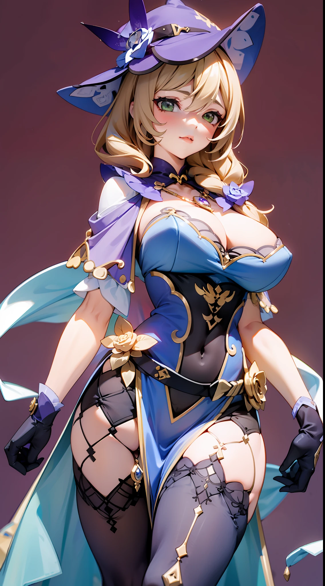 Lisa(Genshin Impact),Custom background，Expose abs，Slim figure，cropped shoulders，huge tit，White dress at the bottom，Mesh garment，Fleshy thighs，Below the waist are mesh stockings，Masterpiece，hyper-detailed face，Deep rendering