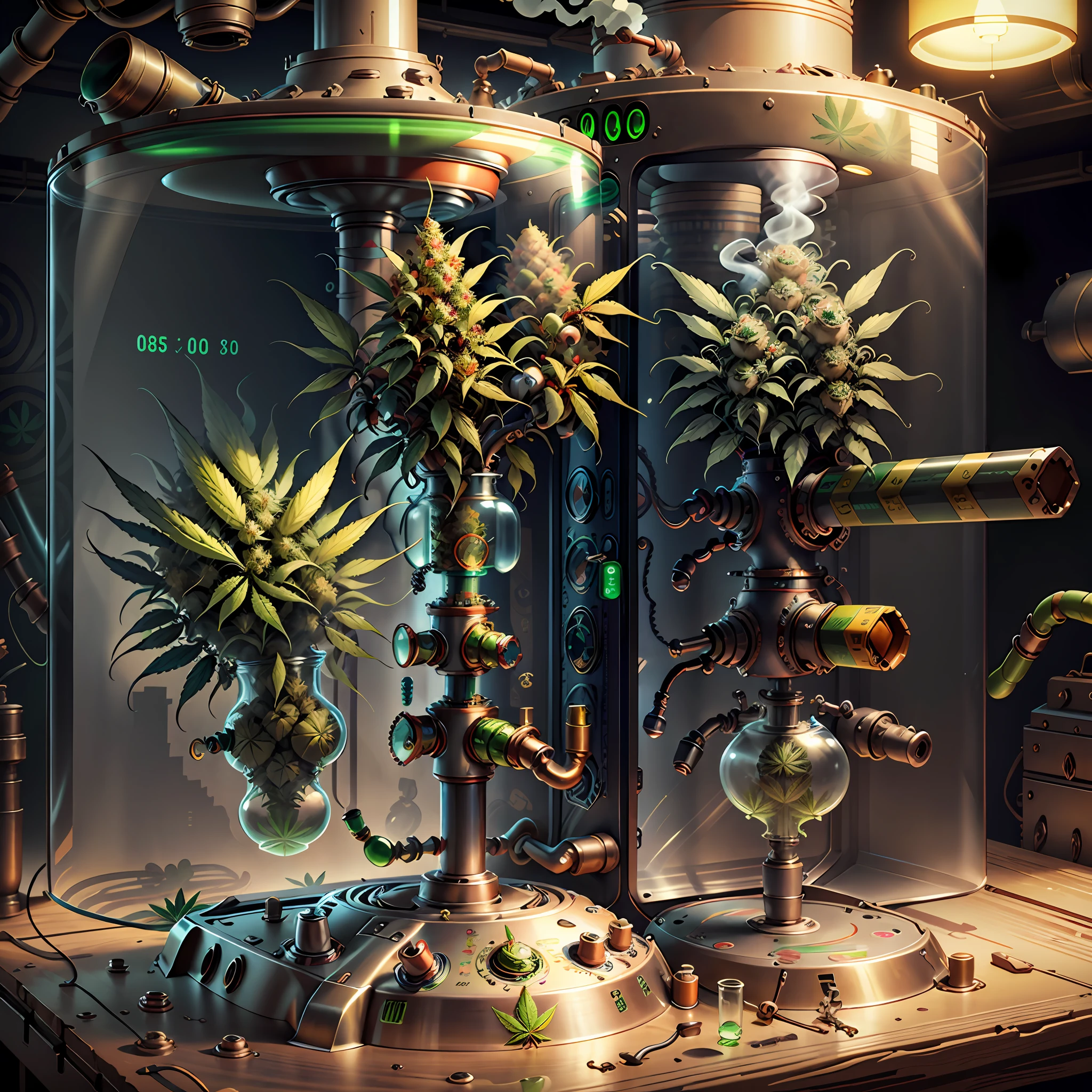 concept art, marijuana smoking machine, retro-futuristic, glass valve-powered