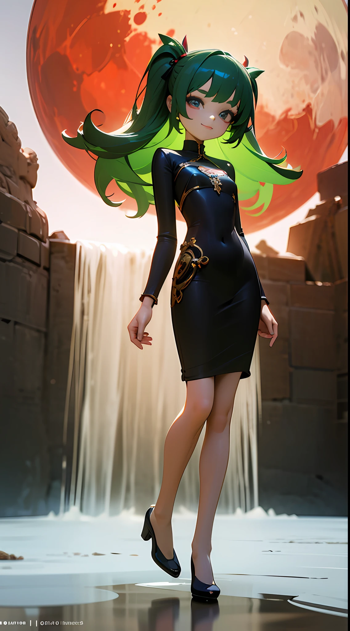 (((Chibi 3D)))masutepiece, The highest image quality, High quality, swim wears, Waterfall scene, Beautiful Girl Full Body Frame, Perfect body, Whole body configuration All parts are beautifully completed. Japan, 20 years old, popular south korean makeup, detail, Swollen eyes, Detailed eyes, Detailed skin, Beautiful skin, Ultra high definition, (Realistic), Very beautiful, Slightly younger face, Beautiful skin, slim, (Surreal), (Illustration), (High resolution), (8K), (Highly detailed) (Best Illustration), (Detailed eyes), Fine detailed face, (Background View), (super detailed), Fine Beauty, pureerosfaceace_v1 , Smiling, looking straight, Looking straight ahead, Bottom View, photos realistic, Bright lighting, Professional Lighting, Dark hair (several pieces of green hair), Long hair, Dark ruins, Big Red Moon, Gorgeous red and black dress, Mature Woman, Stylish Long Bang, --auto