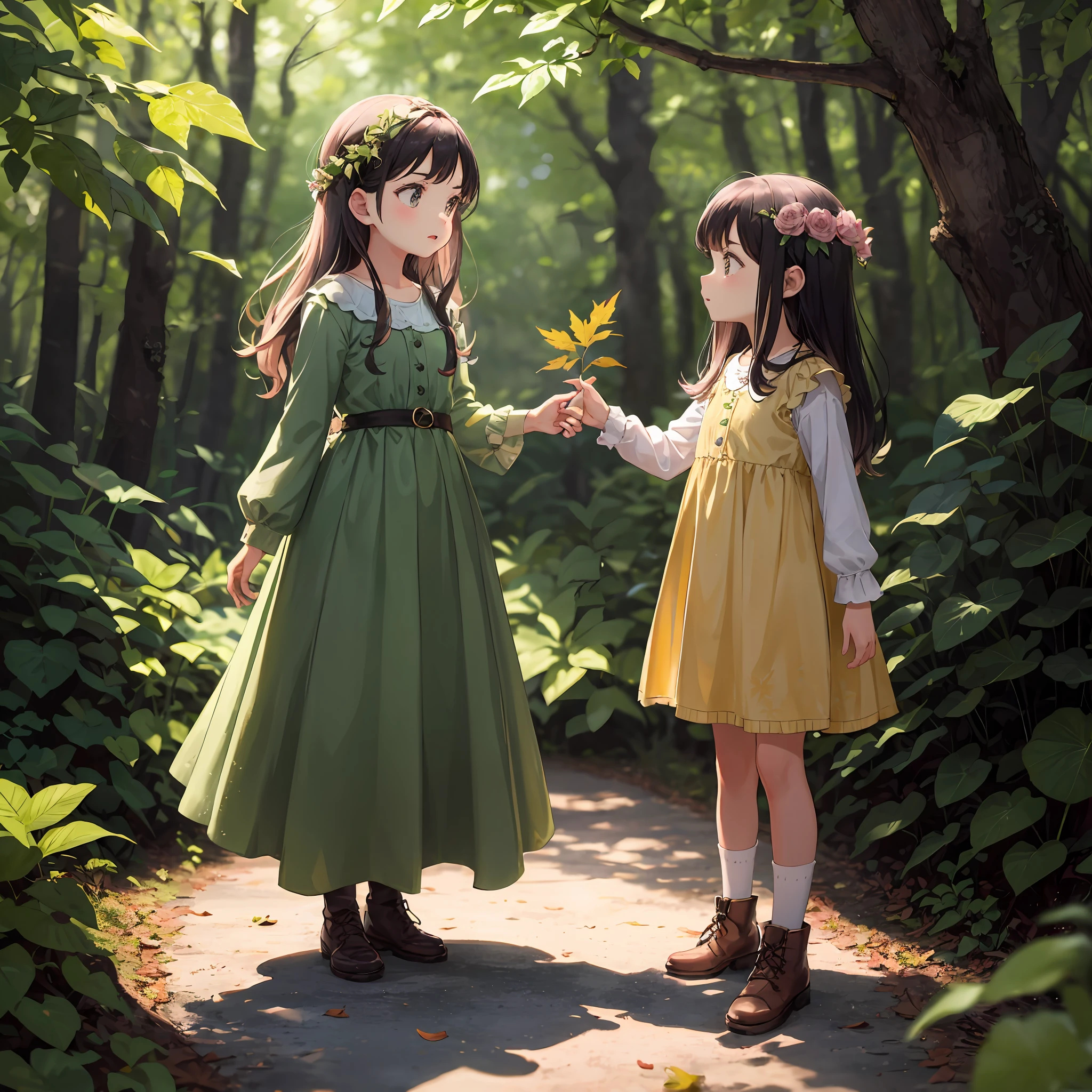 There are two girls standing on a path in the woods, uma tem asas de fada, in a magical forest, lovely and cute, in the magical forest, cute and adorable, em floresta verde, em uma floresta de conto de fadas extravagante, desfrutando de um passeio na floresta, em uma floresta profunda, com flores coloridas , 🍁 fofo, Passeando na floresta, com hera, adorable animation, na floresta