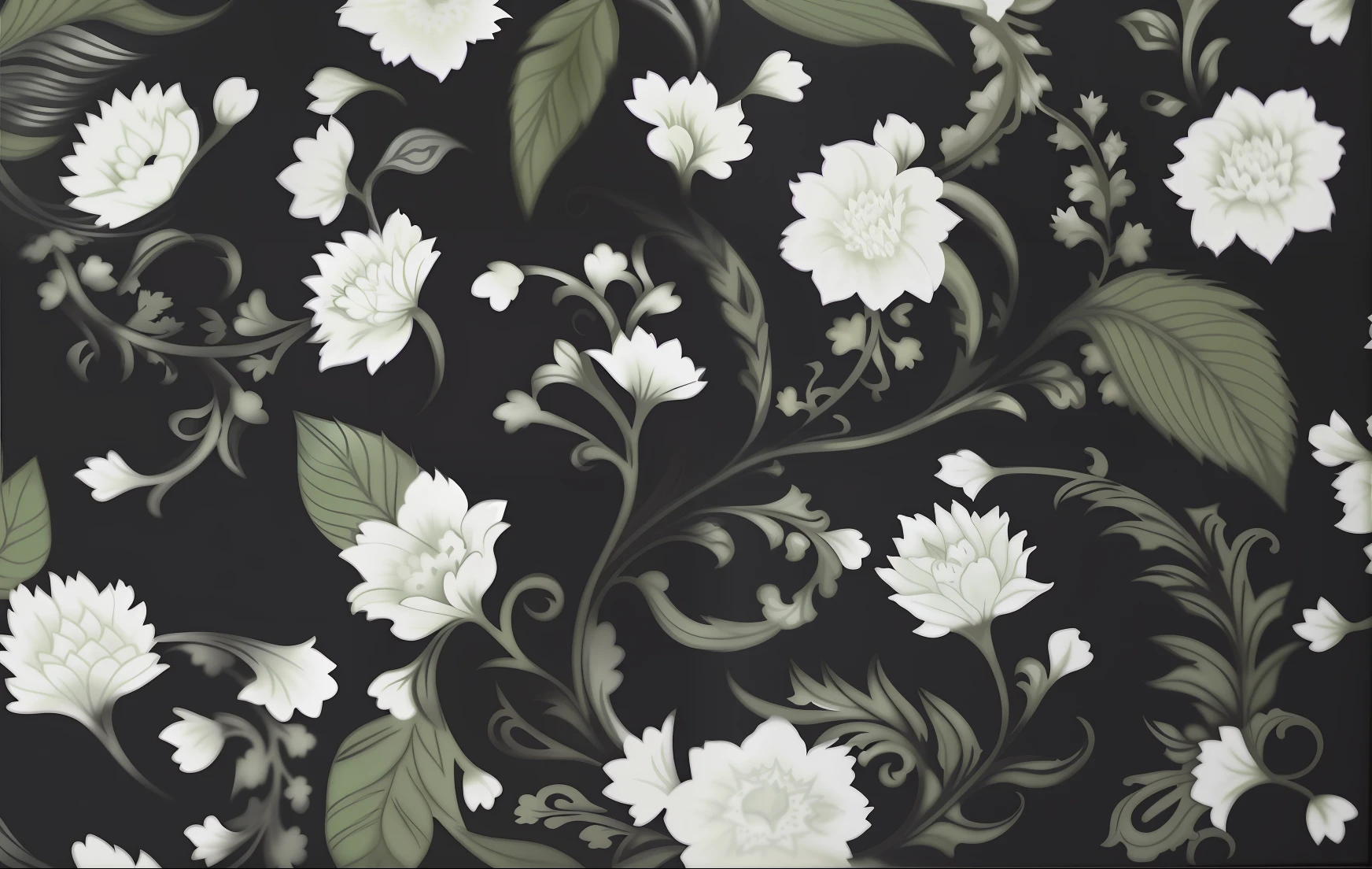 Close-up of black and white floral pattern with green leaves, Flex motif, cotton fabric, floral patterns, baroque cloth, Flowers. baroque element, ornate floral, Seamless patterns, paisley, textile print, florest background, Ebony lococo, ornate flowers, black rococo, victoriana, Art Nouveau, baroque, jasmine, rosette, Art Nouveau wallpaper