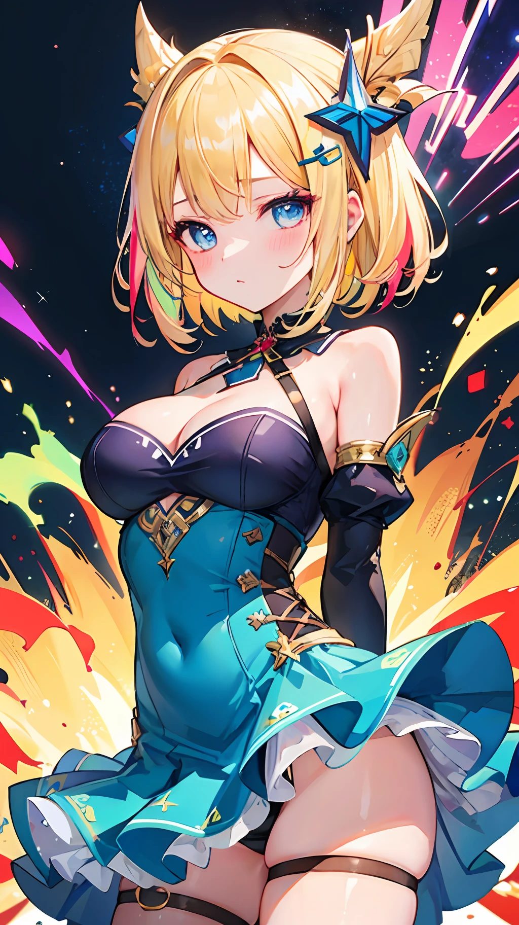 ((masterpiece, best quality;1.3)), ultra detailed, 8k unity wallpapers, CG, ray tracing, illustration, colorful, cinematic shadow, extremely detailed and beautiful background,vhd, shadering VRay,RT, 1girl, , petite,li, blus solo, blue eyes, (blush), (blonde hair), (medium hair), (large breasts), slim waist, white glowing skin, highly detailed beautiful face, beautiful face, beautiful eyes, (talented Lo-Fi:1.3), naked, sexy, lewd, ((goddess)), ((intricate hair ornament)), ((miniskirt)), detached sleeves, ((frilled dress)), cleavage cutout, panties, thigh strap, arms behind back, ((colorful explosion psychedelic paint colors)), close-up, glowing, glowing light, ultra detailed, scenic, atmospheric