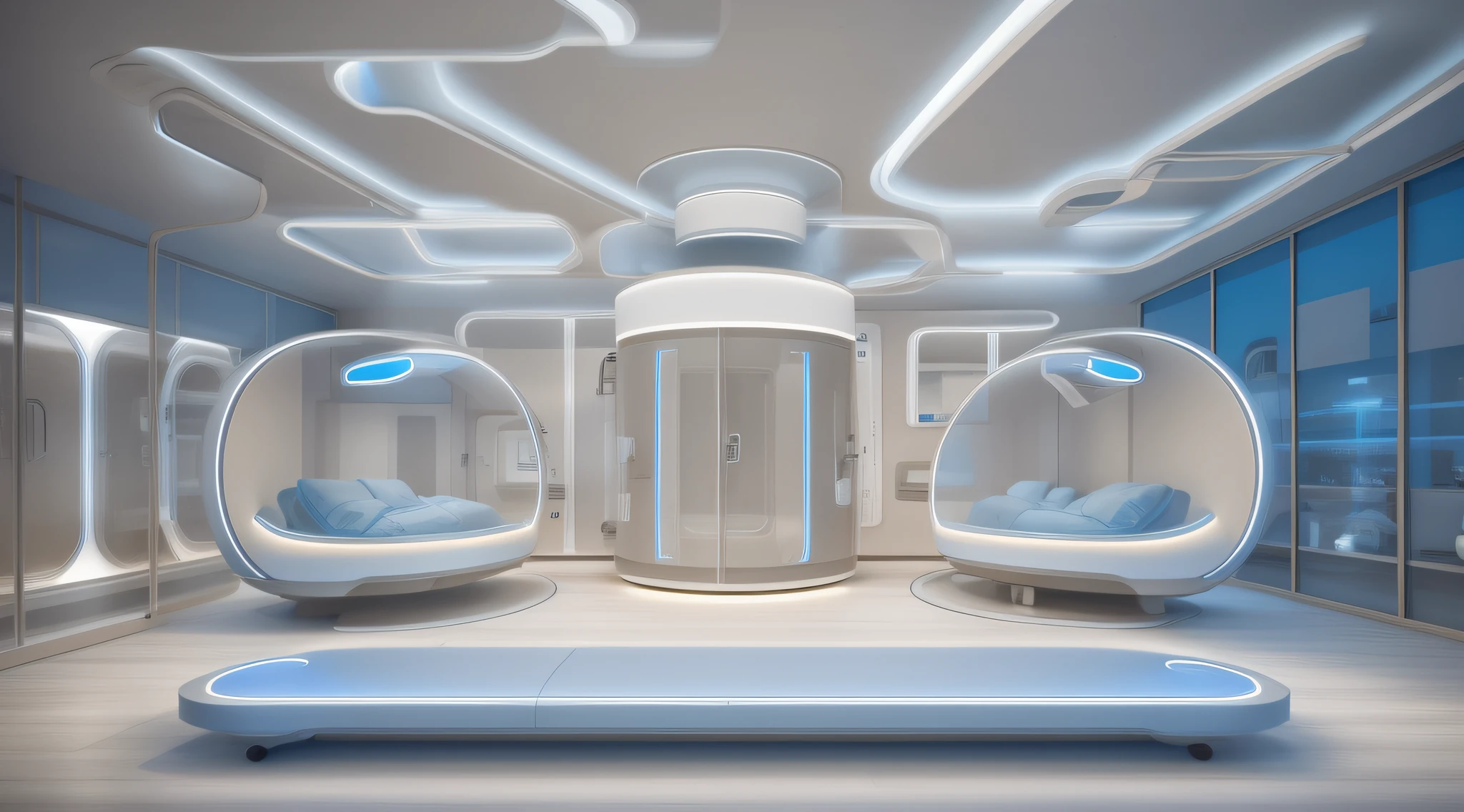 "Arquitetura de uma Medical UTI Neonatal futurista com amplas janelas de vidro, proporcionando uma vista deslumbrante para uma paisagem deslumbrante. Futuristic Medical installation with neonatal incubators and high medical technology with soft lighting with blue neon"