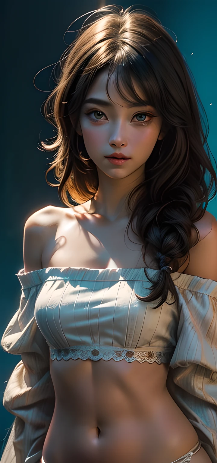 tmasterpiece, beste-Qualit, 1 girl, Aqua-colored eyes, black  hair, closed mouth, multicolored background, looks at the viewer, exteriors, 独奏, upper-body, winning, clean, beatiful face, Face Clean, pale skin, sexypose,(( topic , off-shoulder, bellybutton, briefs)), hairlong, ((perfect female figure)) Jisoo, seductive, Very detailed, beste-Qualit, tmasterpiece, hight resolution, Original, extremely detailed 8K wallpaper ,tmasterpiece,beste-Qualit,illustartion,beautifully detailed eyes,电影灯光,