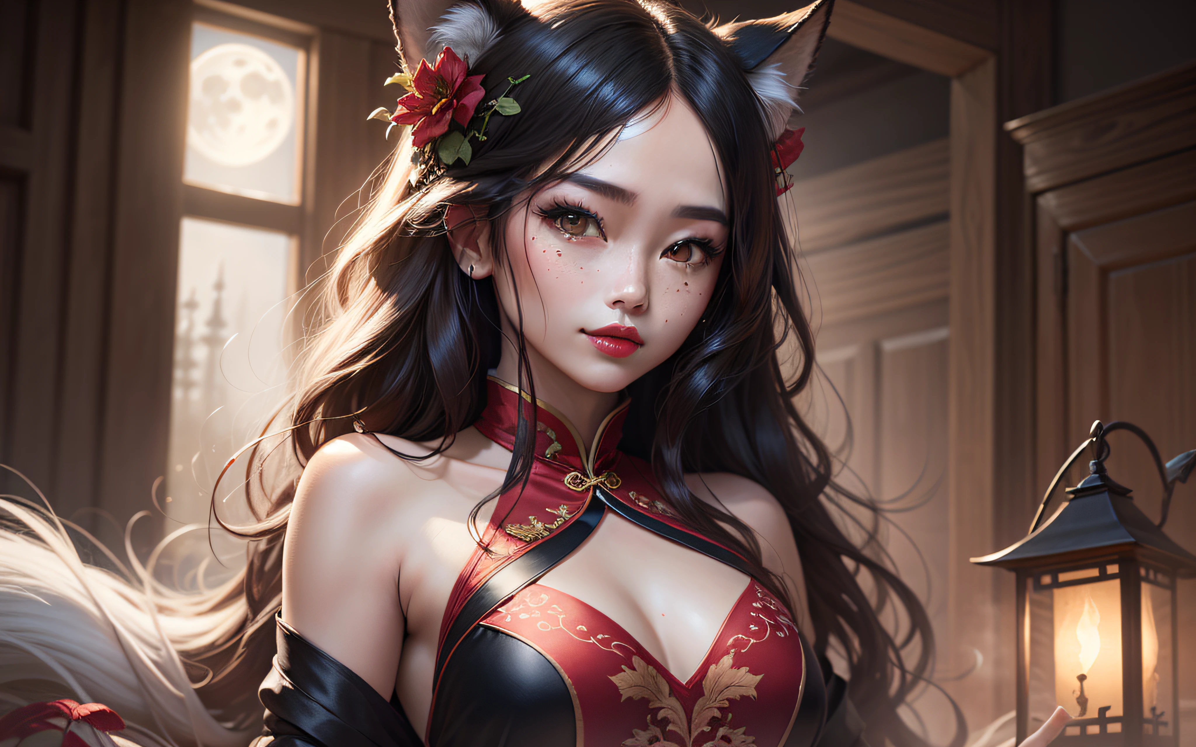 cabelos preto e longos，largeeyes，Red pupils，Red lips，tear-mole，Melon seed face，Small lips，tall nose bridge，Chinese style girl，Sister，Nine-tailed fox fairy，Hanfu，Red wedding dress，big breasts enchanting，Hook the soul，Femme and moving，Flirtatious，ssmile，amaryllis，White moonlight，High-definition detailed drawings，tmasterpiece。