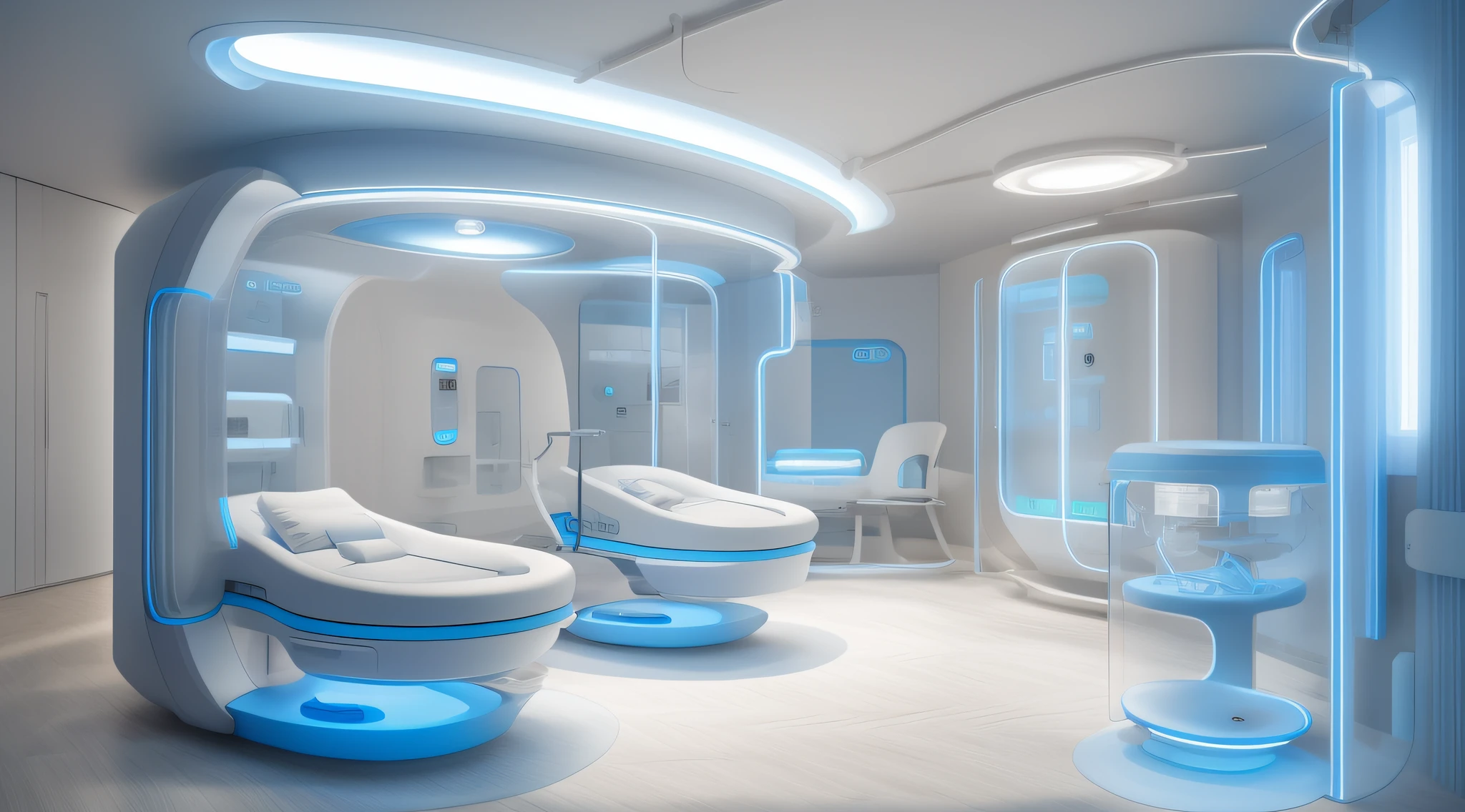 "Arquitetura de uma Medical UTI Neonatal futurista com amplas janelas de vidro, proporcionando uma vista deslumbrante para uma paisagem deslumbrante. Futuristic Medical installation with neonatal incubators and high medical technology with soft lighting with blue neon"