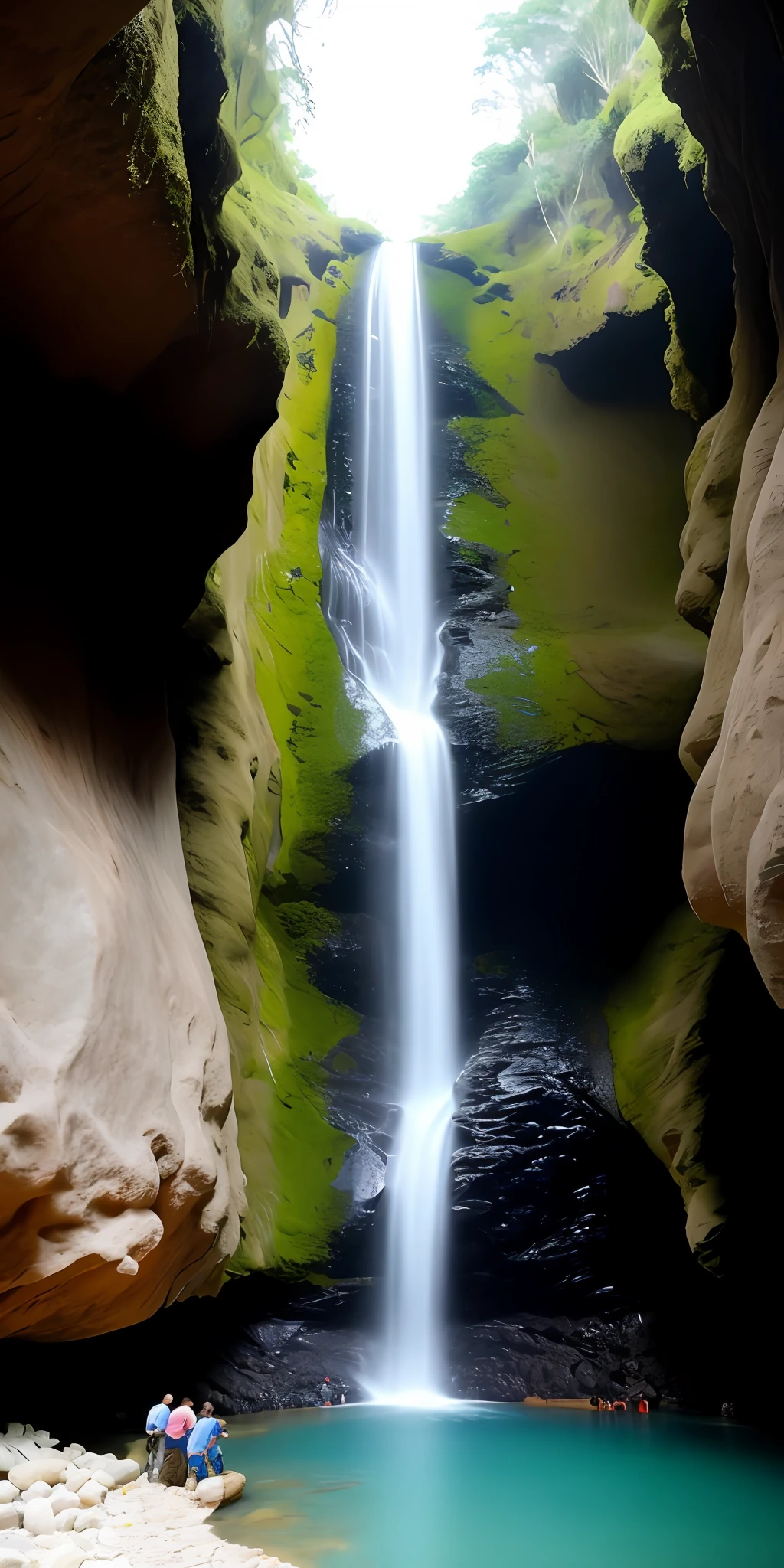 Cachoeira com uma caverna entre uma pedra e outra, um senhor, um homem, um adolescente,uma garotinha. Indo para a cachoeira