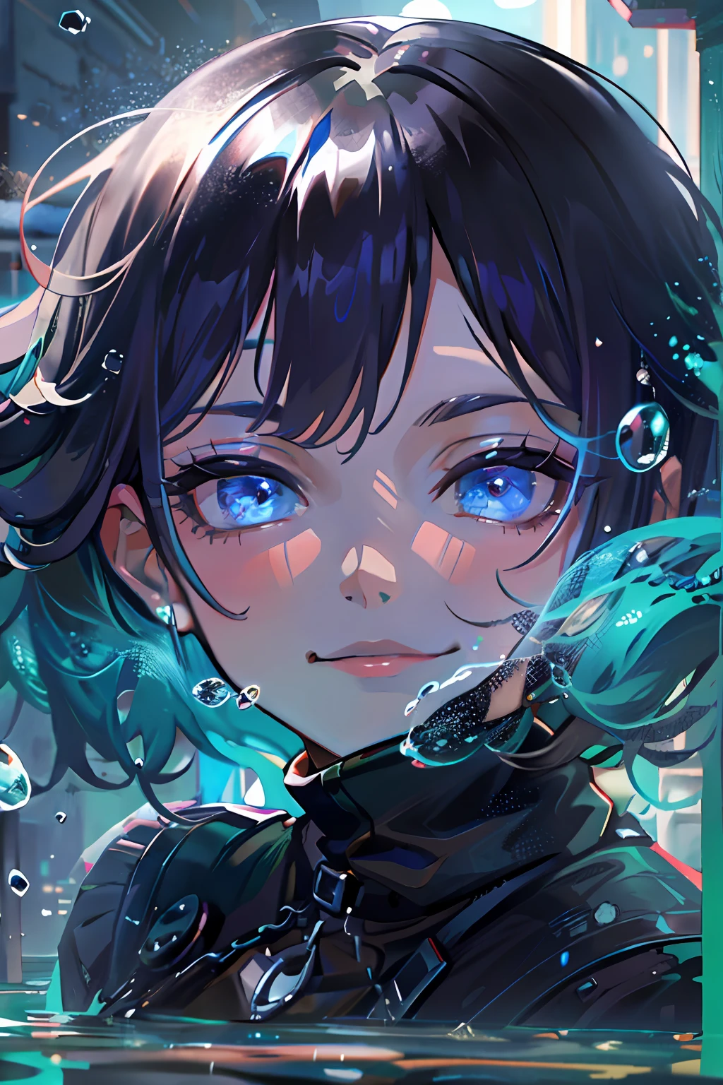 ((top-quality)), ((masterpiece)), ((ultra-detailliert)), (extremely delicate and beautiful), girl with, 独奏, cold attitude,((Black jacket)),She is very(relax)with the(Settled down)Looks,A dark-haired, depth of fields,evil smile,Bubble, under the water, Air bubble,bright light blue eyes,Inner color with black hair and light blue tips,Cold background,Bob Hair