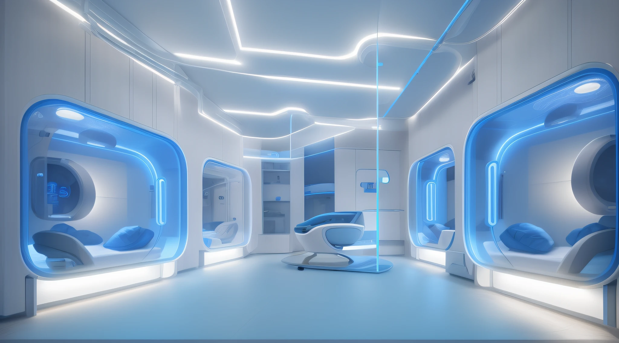 "Arquitetura de uma Medical UTI Neonatal futurista com amplas janelas de vidro, proporcionando uma vista deslumbrante para uma paisagem deslumbrante. Futuristic Medical installation with neonatal incubators and high medical technology with soft lighting with blue neon"