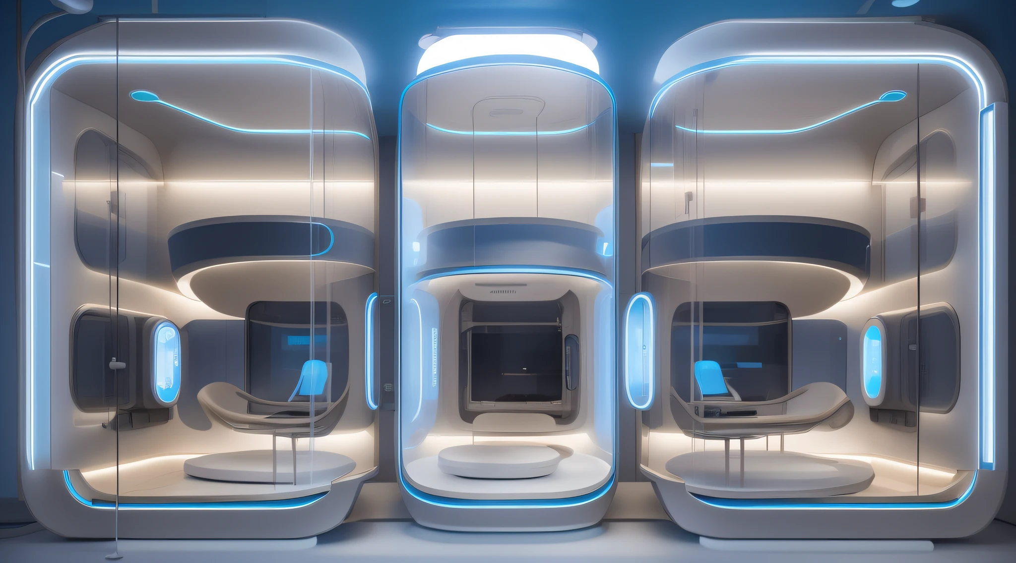 "Arquitetura de uma Medical UTI Neonatal futurista com amplas janelas de vidro, proporcionando uma vista deslumbrante para uma paisagem deslumbrante. Futuristic Medical installation with neonatal incubators and high medical technology with soft lighting with blue neon"