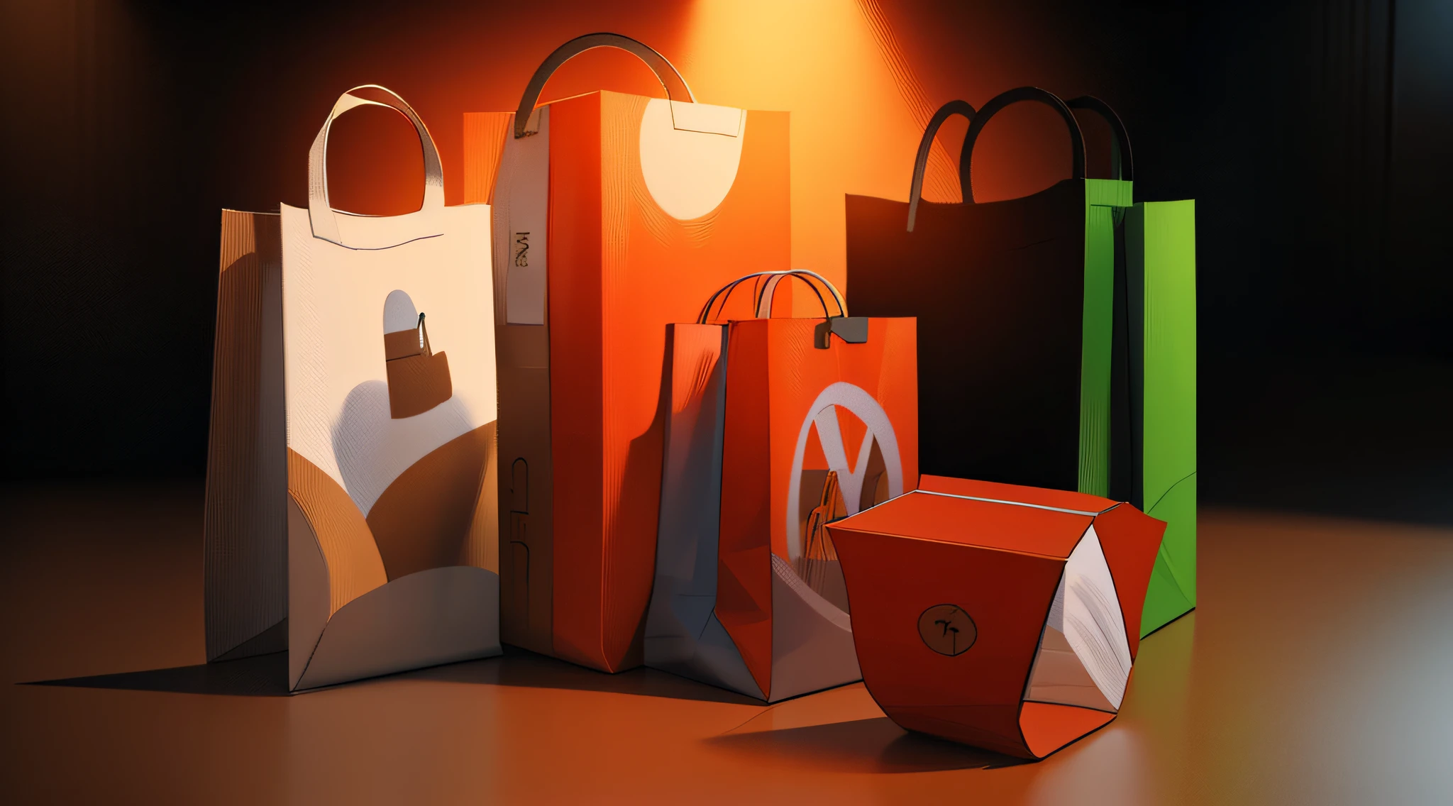three bags with handles and one paper bag with handle, RetailDesignBlog, stylized 3 d graphics, design de embalagens, in style of 3d render, renderizado em cinema4d, renderizado em cinema 4 d, Sacos, stylized as a 3d rendering, RetailDesignBlog.rede, Directed by: Andrei Kolkoutine, cinema 4d render colorido