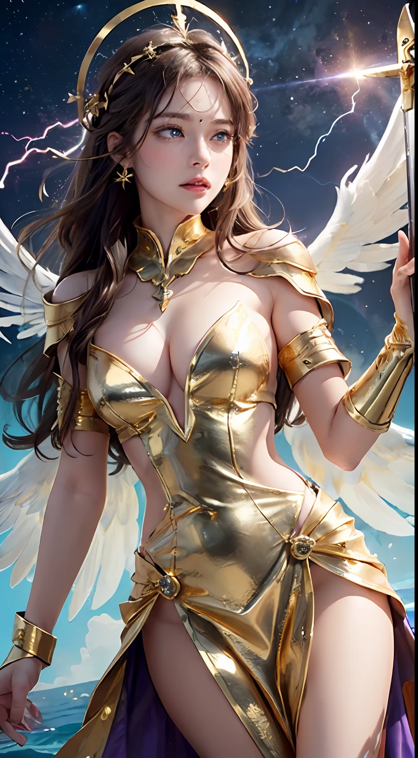 (best qualtiy,8k,tmasterpiece:1.3),(Valkyrie,holy paladin:0.6),(super-fine:1.2),illustratio,Movie Angle,(beatiful detailed eyes:1.1),(((Extremely refined and beautiful:1.2),Clear facial features,Milky white skin, highdetailskin, Visible Pore)),(Super detail),Tall women,(perfect body type),being thin, Slim_Legs,Carmelto, full bodyesbian,(((dynamicposes,afloat:1.3,clutching a sword:1.3))),Huge wings,Crystal wings,(Super detail),shift dresses:1.1,(((Beautifully decorated, gold foil, Gold leaf art))),((Two ice planet backgrounds,Binary orbital flight,space,Sea of Stars)),((Dynamic background)),((Purple lightning)), (realisticlying:1.4), holy rays