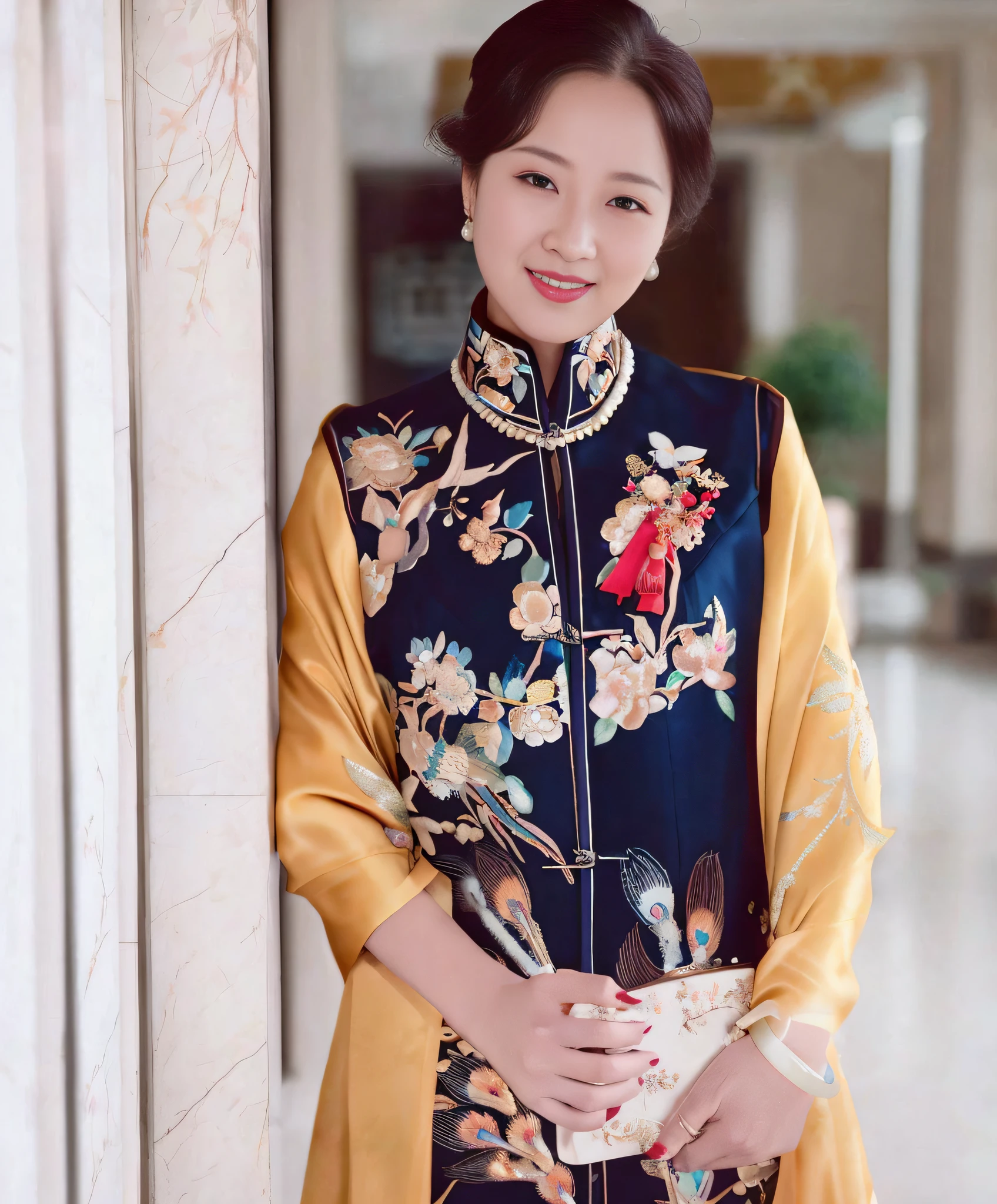 By the wall stood a woman in a dress, Inspired by Guo Xi, Traditional Chinese clothing, wearing ornate silk clothes, Chinese traditional, Cheongsam, with acient chinese clothes, inspired by Xu Xi, ao dai, inspired by Cui Bai, Inspired by Qiu Ying, inspired by Zhang Zeduan, inspired by Min Zhen,4k画质,Ultra HD face detail,Textured skin,HighestQuali,Vertical painting shadows,atmospheric distance sense,Smile confidently,65-year-old middle-aged woman --auto