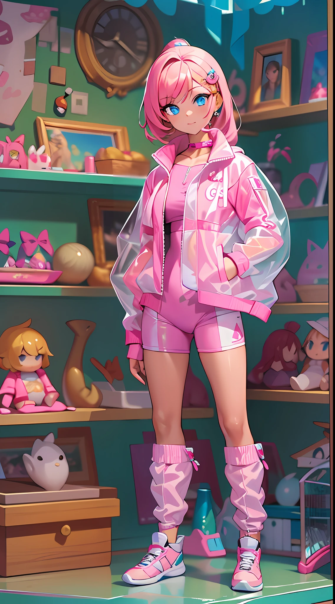 ((Masterpiece)), best quality, absurderes, ultra detailed, holographic, cowboy shot, dynamic pose, golden ratio, super cute girl, mature girl, Barbie girl, idol girl, super beautiful girl with very beautiful blue eyes, beautiful glowing blonde multicolored hair, high ponytail, nice and sexy body, slim body, perfect body, wearing a super tight and pink leotard, a super aesthetic pink translucent mini jacket, beautiful pink hair ornament, pink jordan tennis, being photographed in a doll house