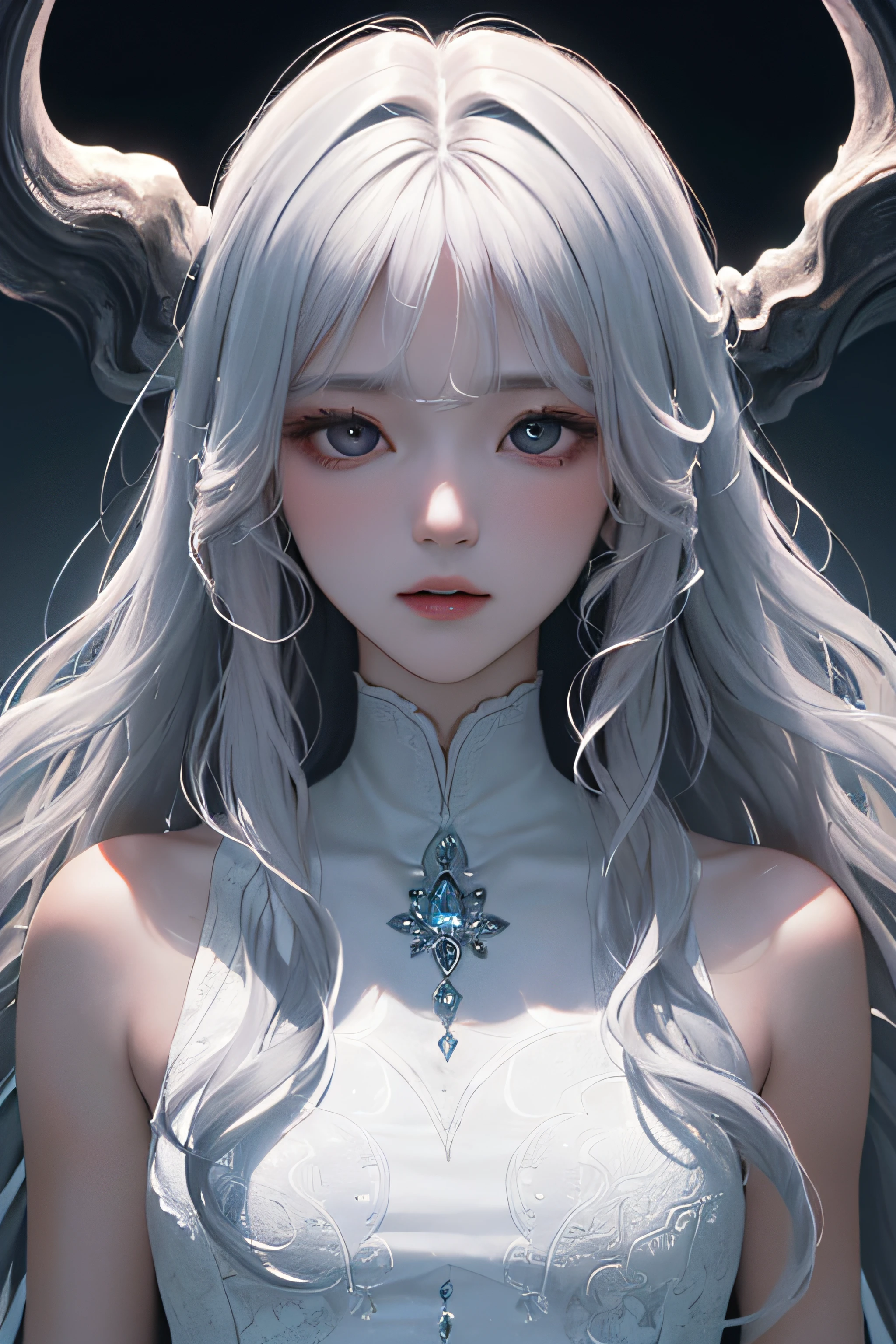 ((Very HD Fine Picture: 1.2), (Perfect Composition: 1.2), Ethereal Night, (Looking Straight at the Camera), White and Flawless Skin, Vast Prairie, Silent Street, Shimmering in Devil's Long Hair, (Wavy Curls), Sparse Bangs, Mysterious Breath)