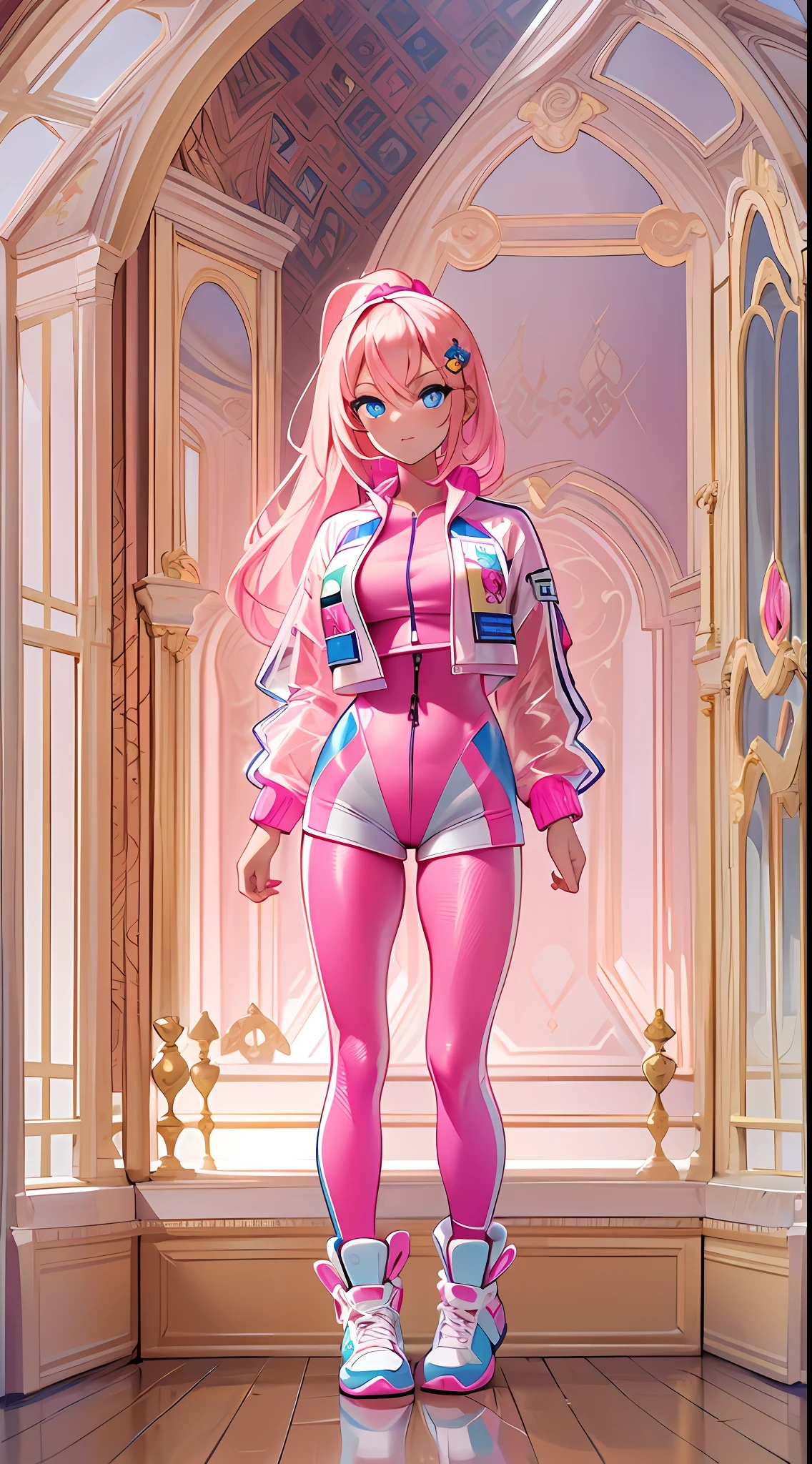 ((Masterpiece)), best quality, absurderes, ultra detailed, holographic, cowboy shot, dynamic pose, golden ratio, super cute girl, mature girl, Barbie girl, super beautiful girl with very beautiful blue eyes, beautiful glowing blonde multicolored hair, high ponytail, nice and sexy body, slim body, perfect body, wearing a super tight and pink leotard, a super aesthetic pink translucent mini jacket, beautiful pink hair ornament, pink jordan tennis, being photographed in a doll house