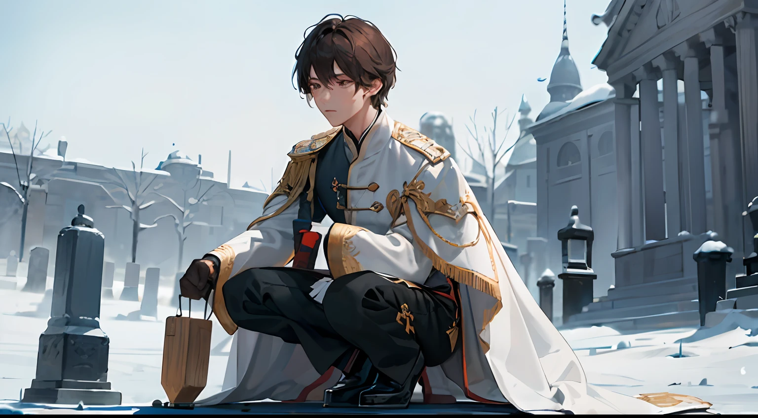 （（best qualtiy，8k，tmasterpiece：1.3））， 1 man，Handsome ， full bodyesbian， Slim Faces， Handsome man， （long and dark brown hair）， Bluish and white long coat ：1.1， Super detailed face， Detailed eyes， 二重まぶた， The background is a cluster of tall tombstones， Snow maple tree group， do lado de fora --auto