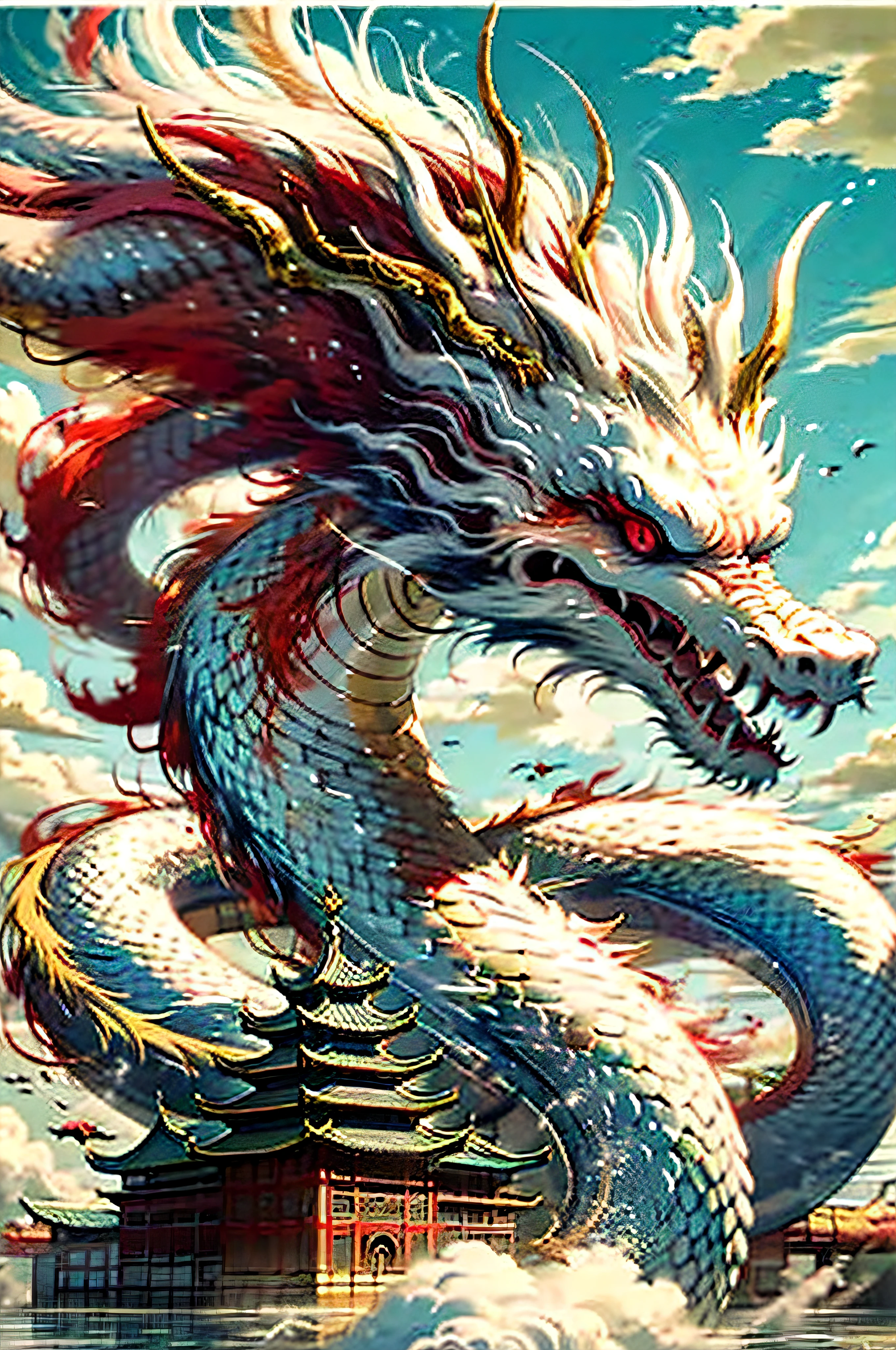 Best quality at best，tmasterpiece，超高分辨率，without humans，（The long：1.2），without humans，​​clouds，buliding，east asian architecture，red eyes，banya，with her mouth open，Skysky，fang，a Oriental Dragons，mostly cloudy sky，teeth，flight，Eau，The bird，wings，the ocean