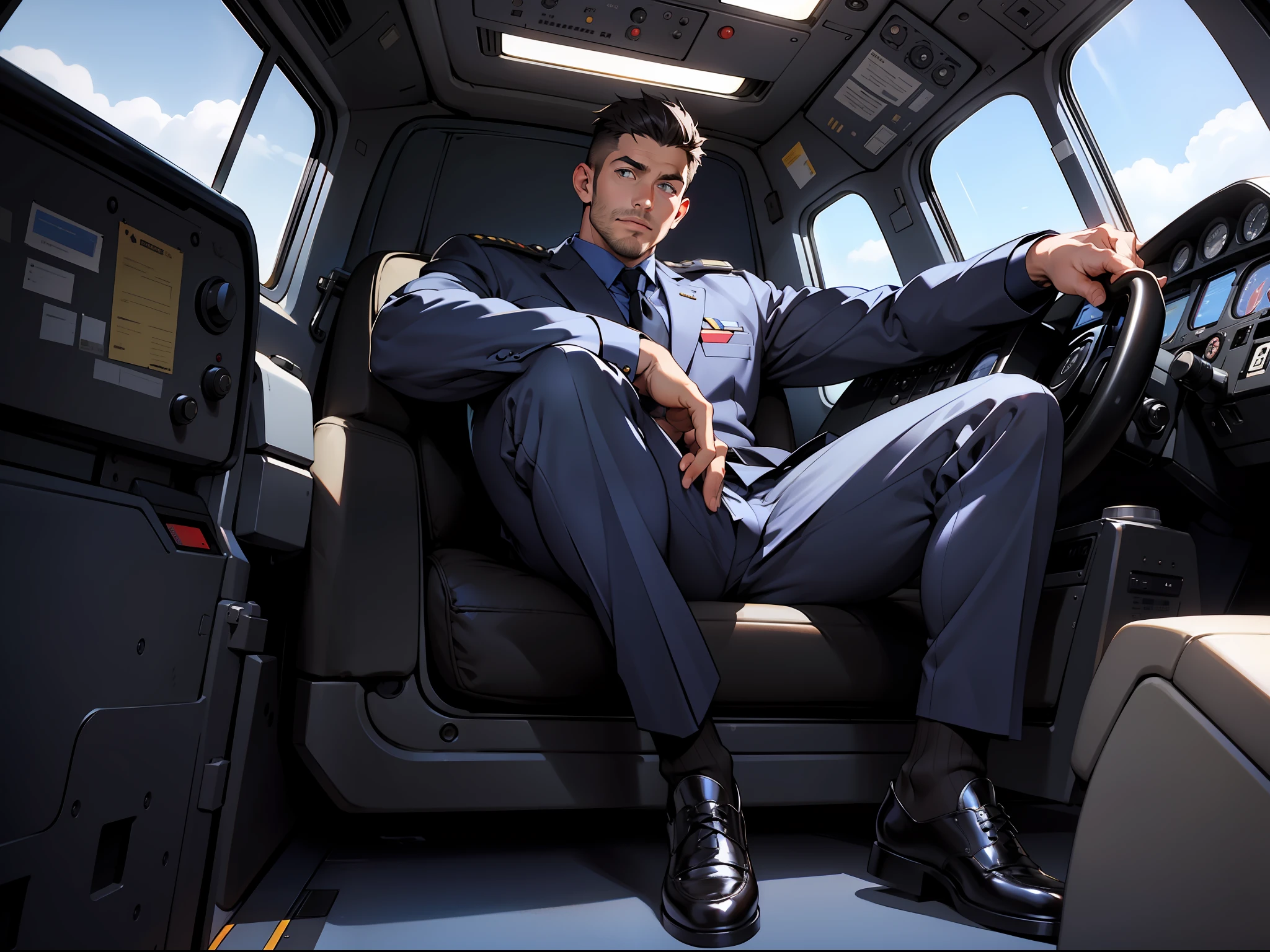 masterpiece, best quality, face, natural eyes, 1man, big feet, black socks, full body, (in suits), large bulge, long legs, looking at viewer, 30 years old, muscled and mature, pilot, pilot in uniform, short haircut, a pilot sitting with legs stretched, blue eyes,
