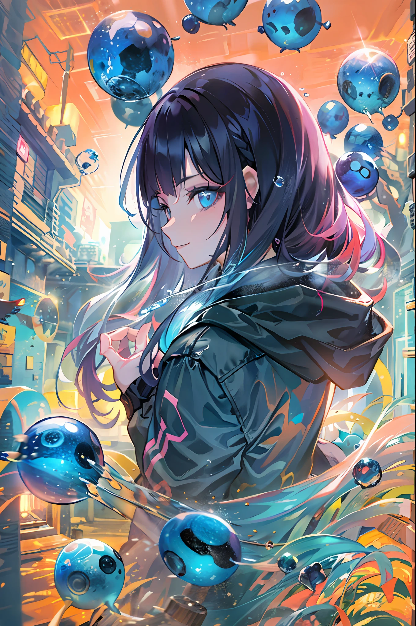 ((top-quality)), ((masterpiece)), ((ultra-detailliert)), (extremely delicate and beautiful), girl with, 独奏, cold attitude,((Black jacket)),She is very(relax)with the(Settled down)Looks,A dark-haired, depth of fields,evil smile,Bubble, under the water, Air bubble,bright light blue eyes,Inner color with black hair and light blue tips,Cold background,Bob Hair
