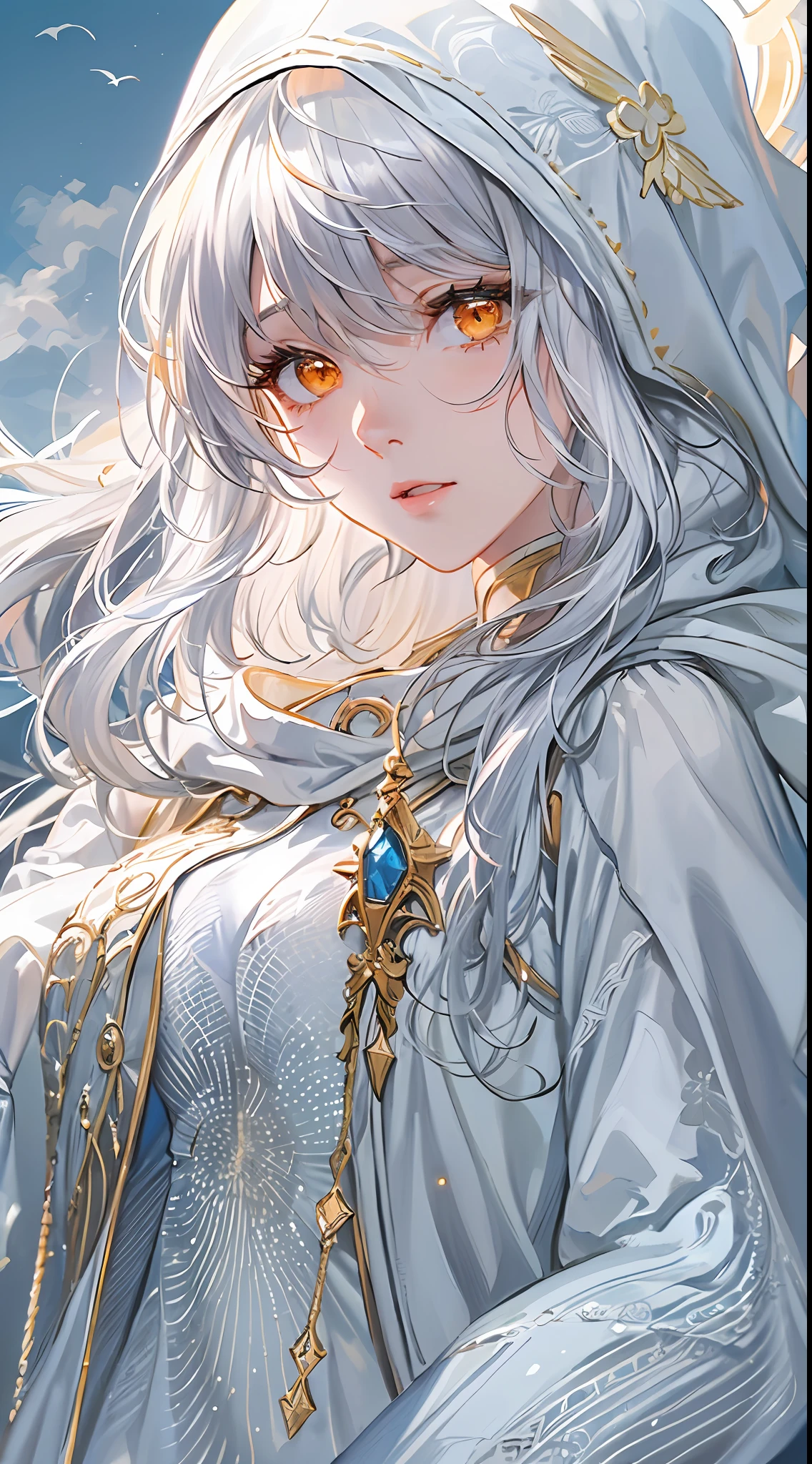 ((((best quality))), (((ultra detailed))), (((masterpiece))), illustration,(1girl:1.5),
1girl, solo, very long hair, looking at viewer, hair_between_eyes,white hair, orange eyes, shoulder armor, bangs, big breasts, floating_hair, upper_body,shiny,masterpiece, best quality,
(holding staff:1.5), shining mage staff, halo, white dress,white legwear,belly button ,wearing a hood,(orange hooded jacket:1.2), blue necktie, mountain background,white boots,