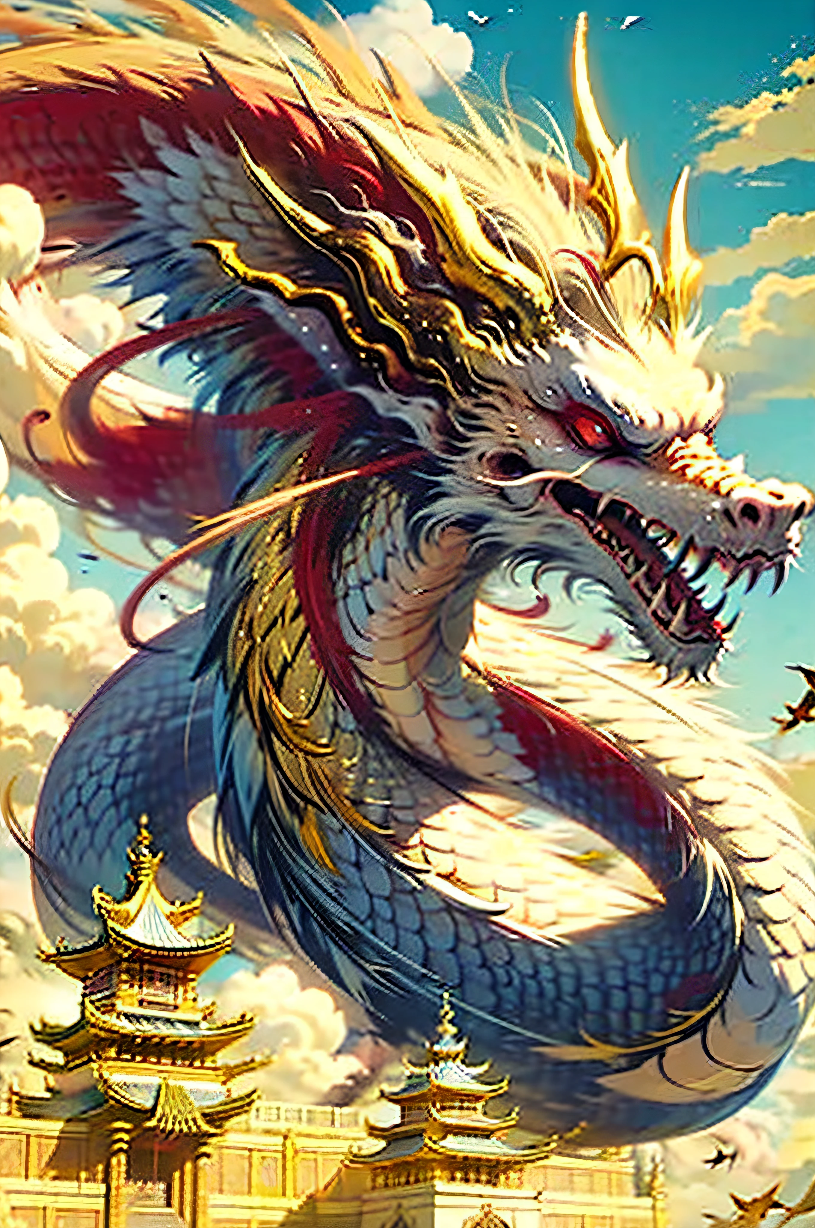Best quality at best,tmasterpiece,超高分辨率,without humans,(The long:1.2),without humans,clouds,buliding,east asian architecture,red eyes,banya,with her mouth open,Skysky,fang,a Oriental Dragons,mostly cloudy sky,teeth,flight,golds,Metallic,The bird,wings